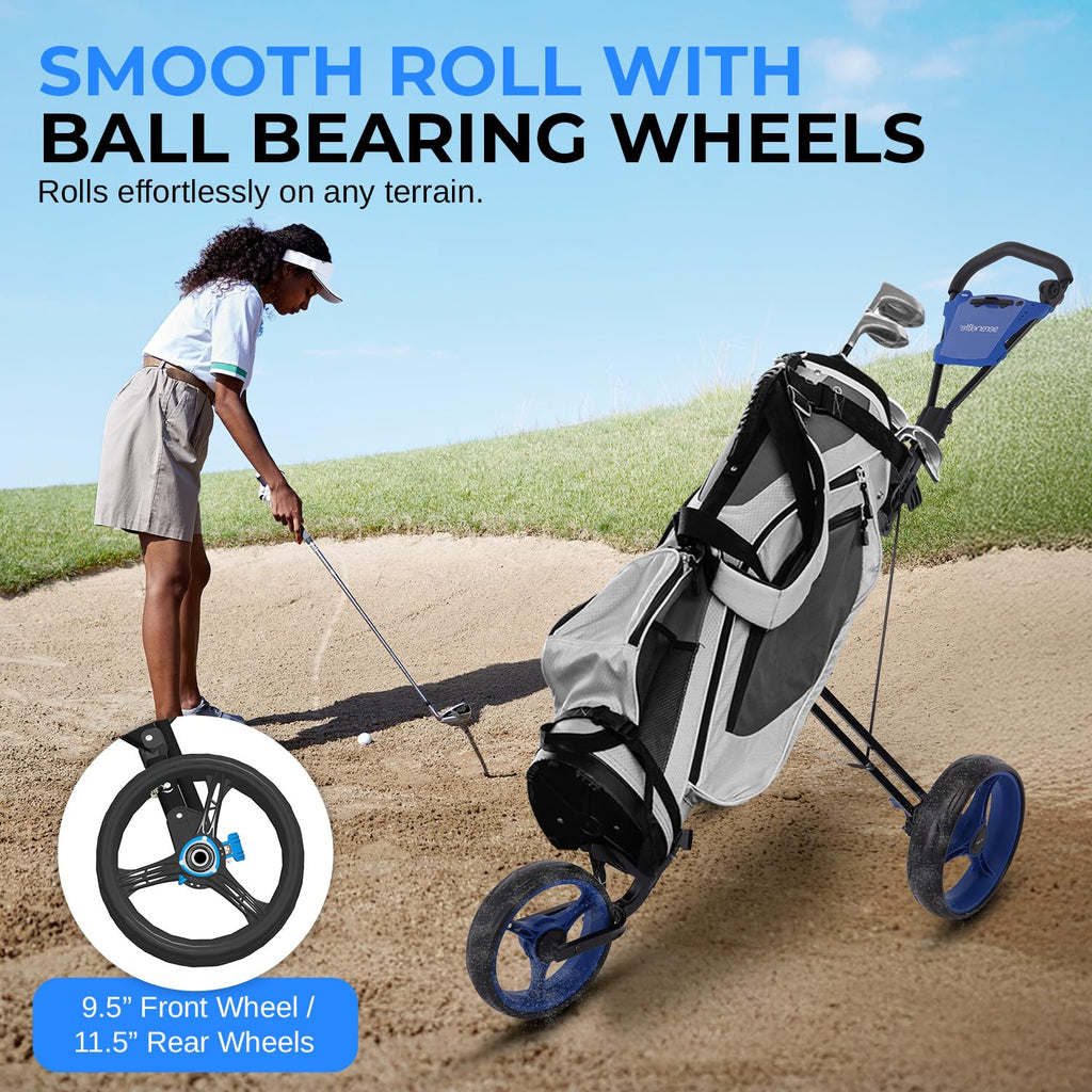 Serenelife 3-Wheel Golf Push Cart - Lightweight Folding Walking Roller Trolley Bag Storage, Upper & Lower Bracket W/Elastic Stra