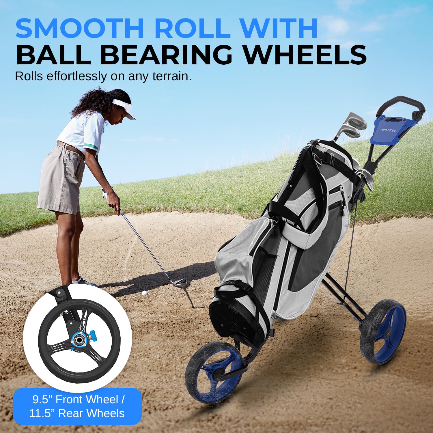 Serenelife 3-Wheel Golf Push Cart - Lightweight Folding Walking Roller Trolley Bag Storage, Upper & Lower Bracket W/Elastic Stra