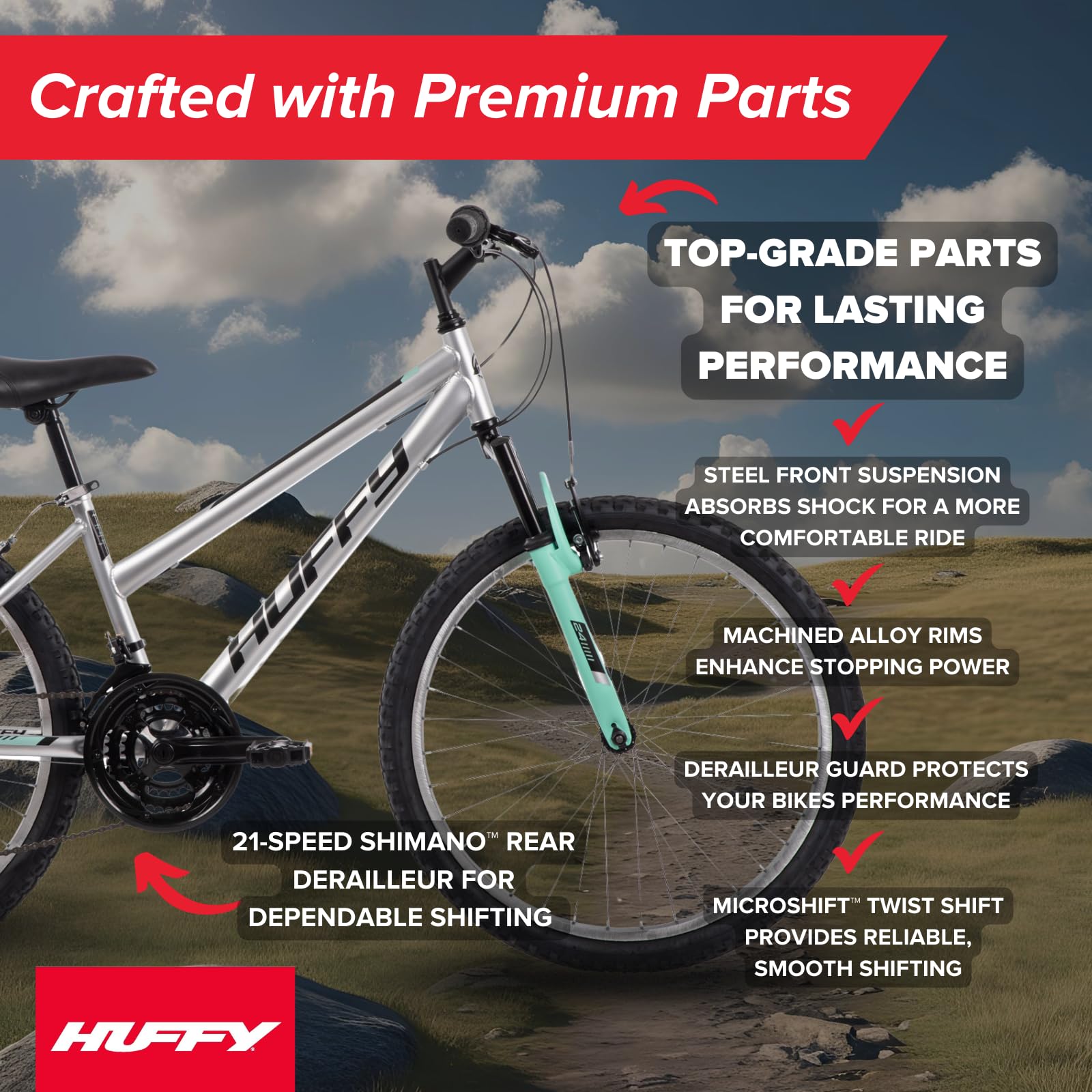Huffy Stone Mountain 21-Speed Hardtail Ladies Mountain Bike, 24-Inch, Silver