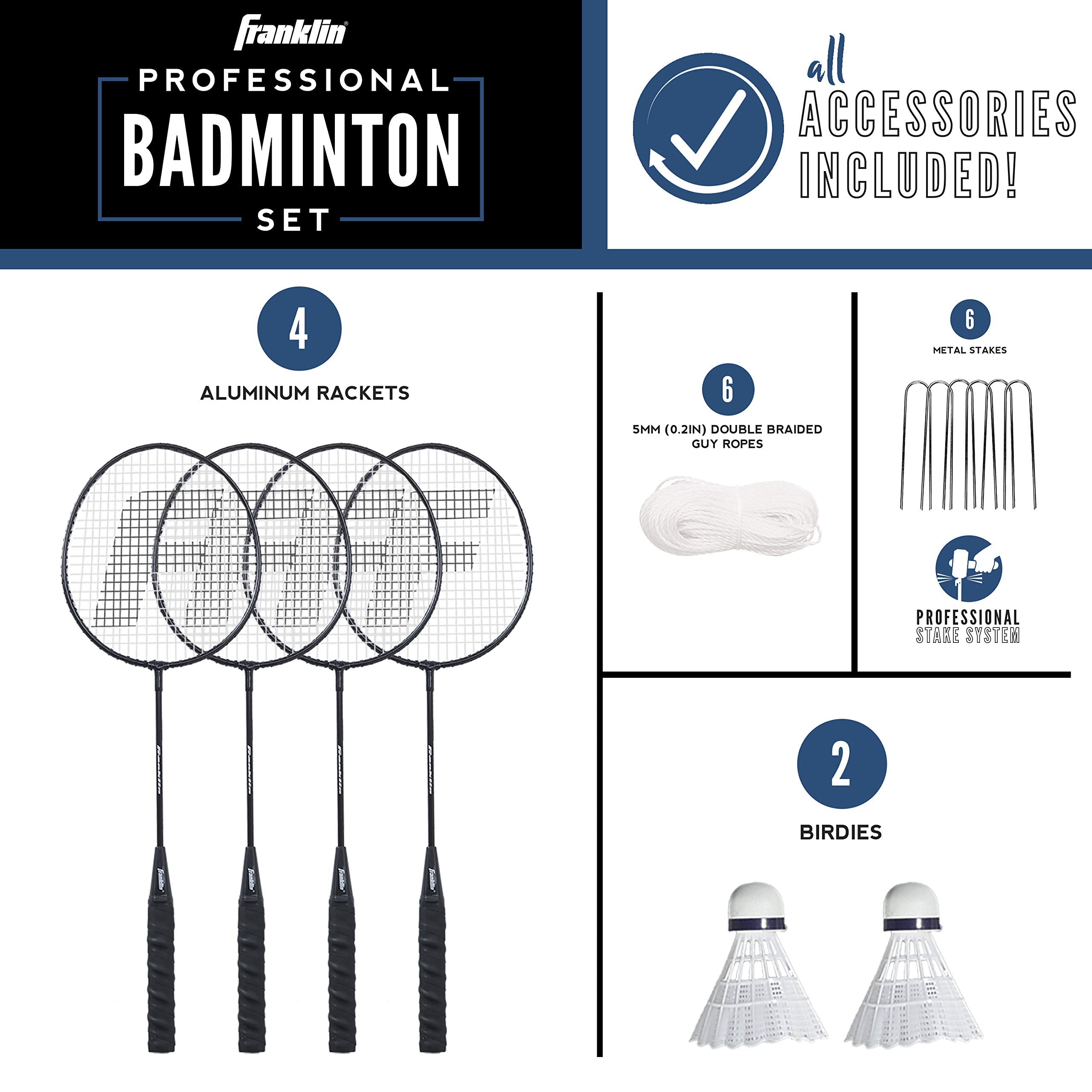 Franklin Sports Badminton Net Set - 4 Aluminum Rackets, 2 Birdies, Adjustable Net And Stakes - Backyard Or Beach Badminton Set -
