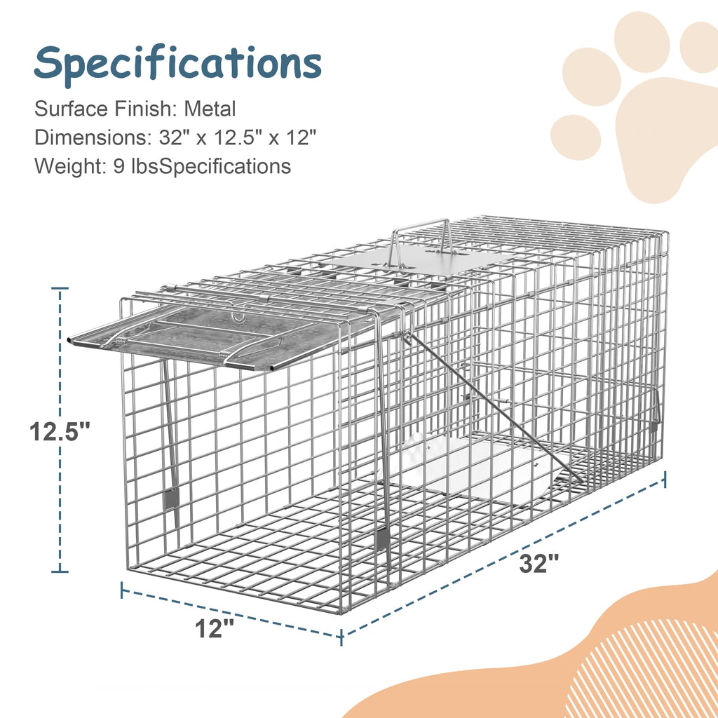 Homgarden Live Animal Cage Trap 32'' Steel Humane Release Rodent Cage For Rabbits, Stray Cat, Squirrel, Raccoon, Mole, Gopher, C