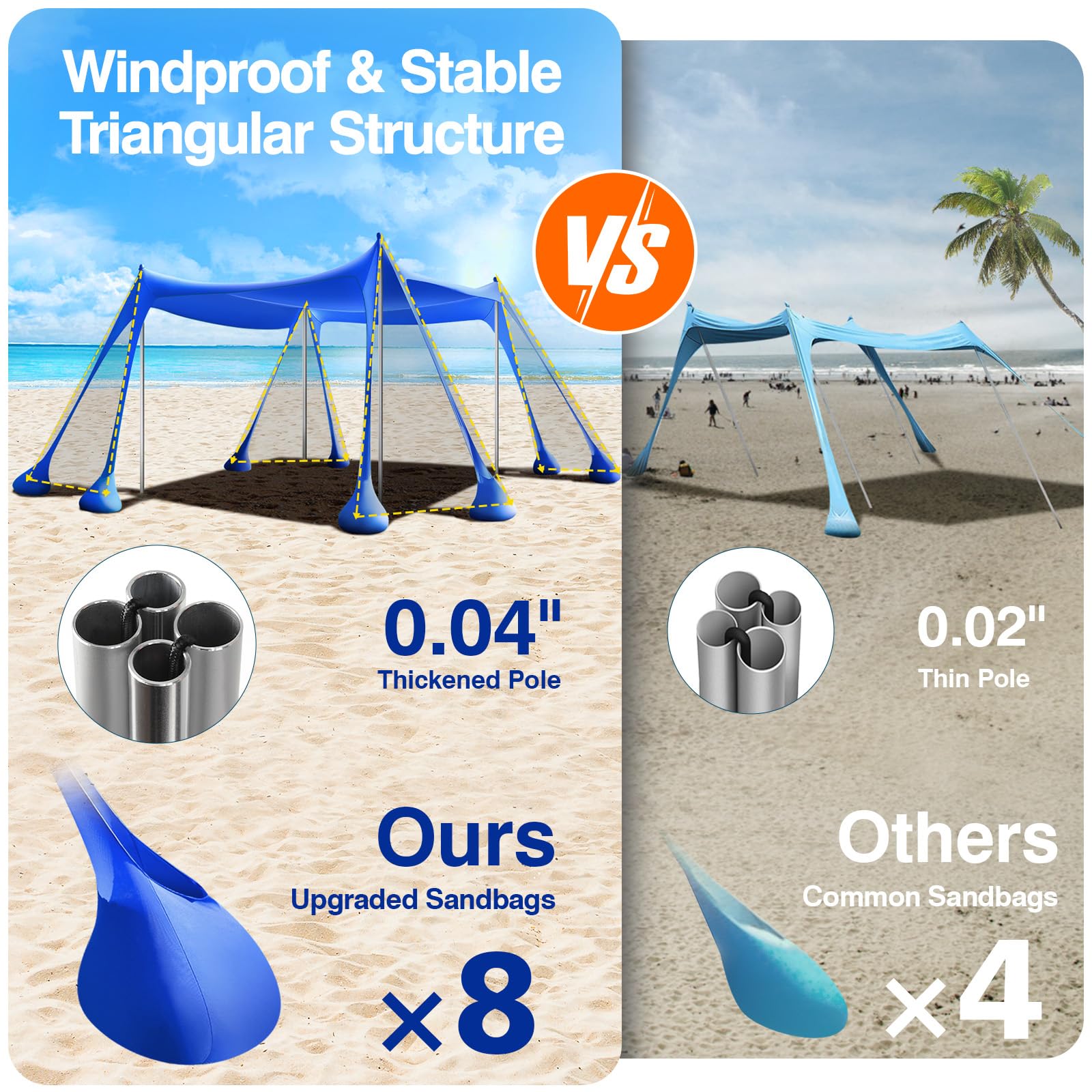 Rhino Valley Beach Tent, 10 X 10 Ft Beach Shade Upf50+ Protection, Beachcanopy With 8 Sandbags 4 Stability Poles, Outdoor Beach