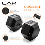 CAP Barbell 120 LB Rubber Coated Hex Dumbbell Hand Weight - Pair | Black Handle