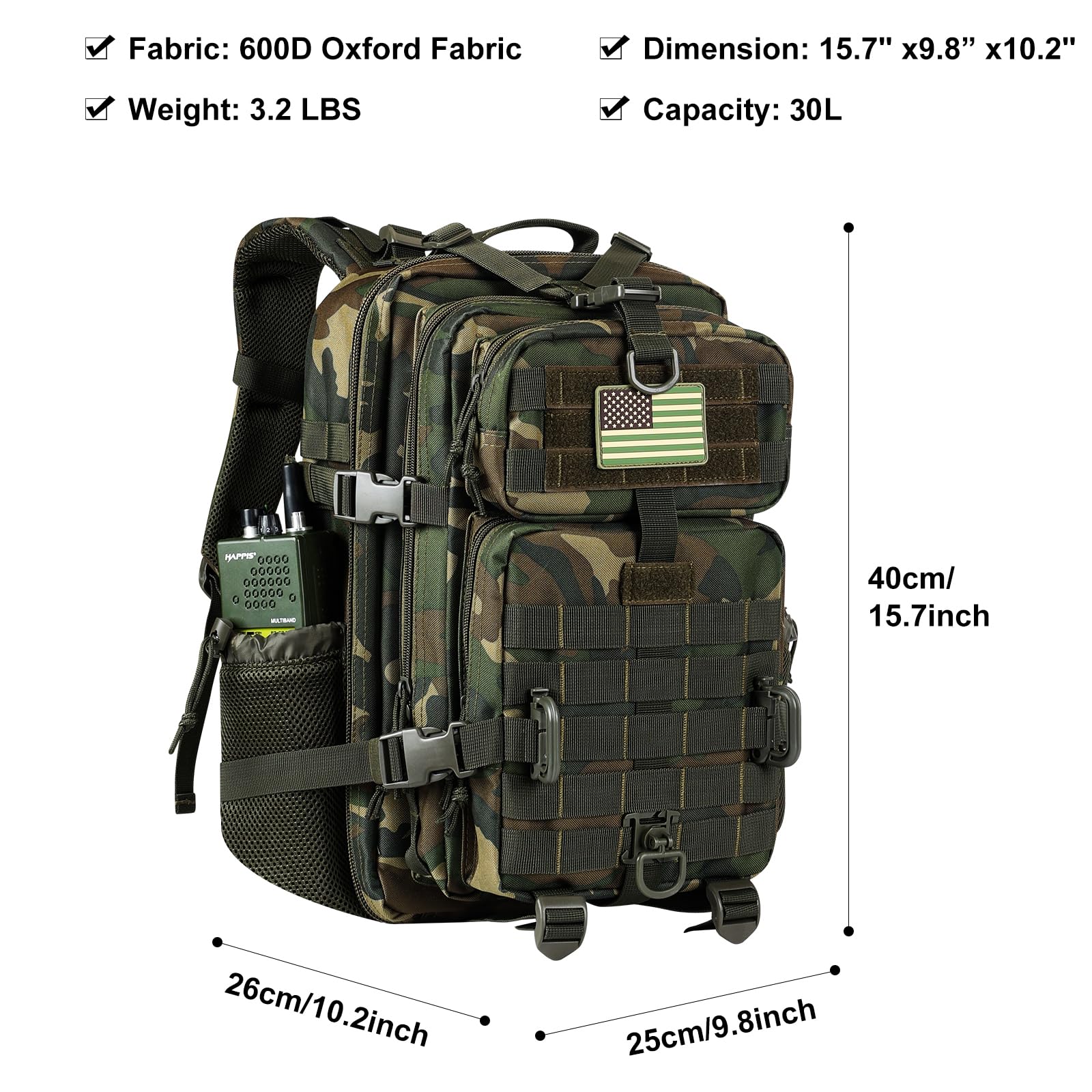 Hannibal Tactical 30L Molle Assault Pack, Tactical Backpack Military Army Camping Rucksack With Bottle Holder, 3-Day Pack, Us Wo