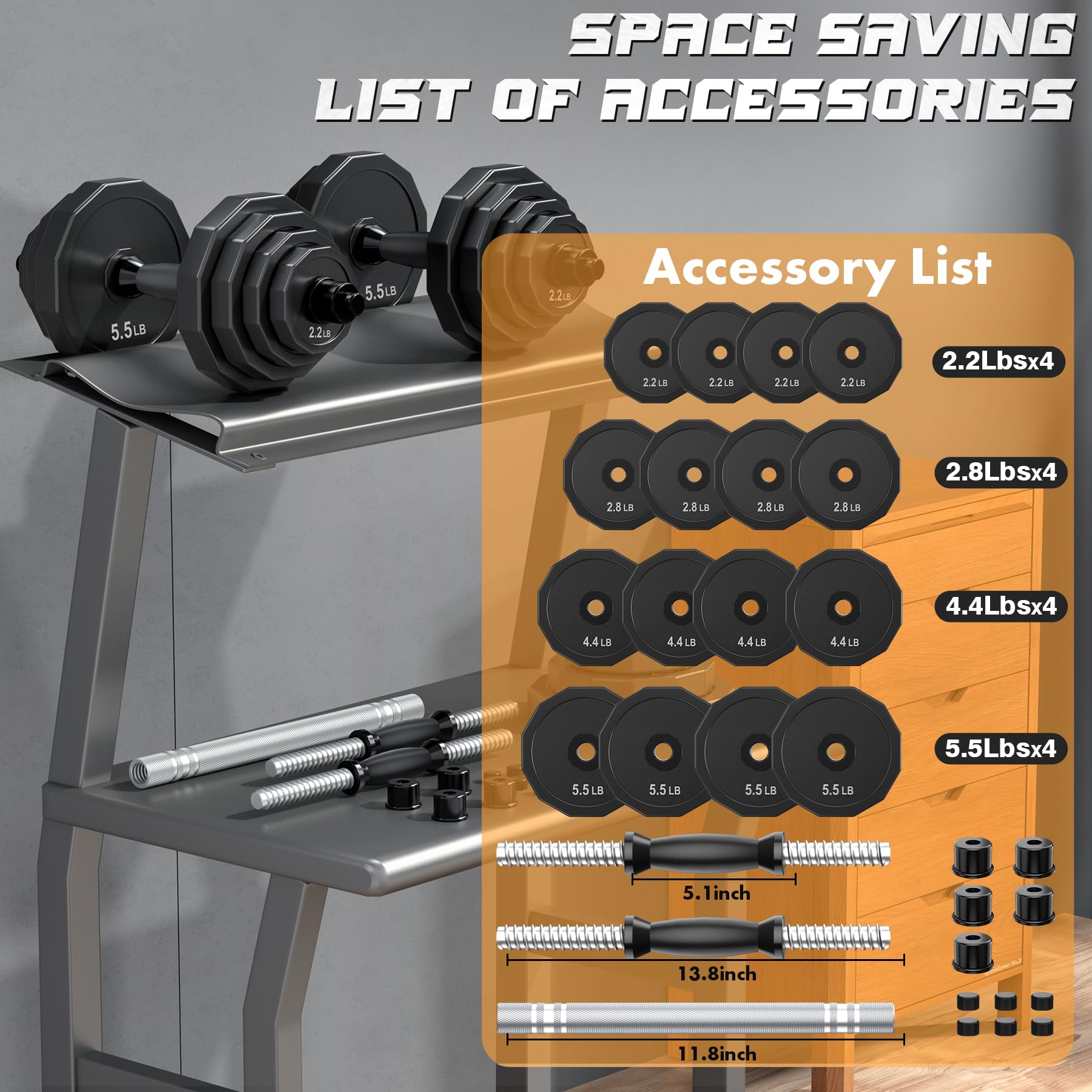 Kiss Gold Adjustable Dumbbell Set, 66 Lbs Weights Dumbbells Sets, Solid Cast-Iron Core Free Weight Set For Home Gym, Barbell Wei