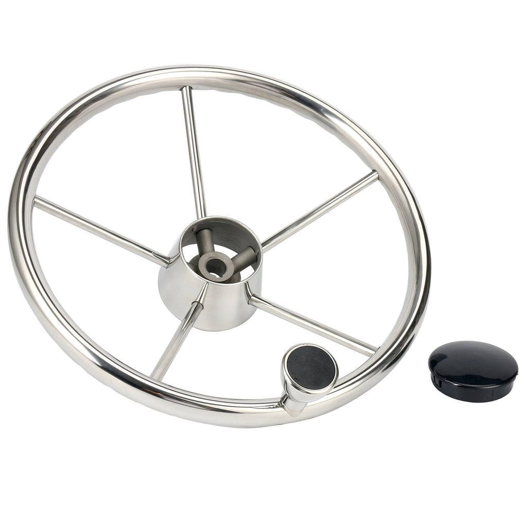 Amarine Made 5-Spoke 13-1/2 Inch Destroyer Style Stainless Boat Steering Wheel With M Size Knob - 9310Srf1