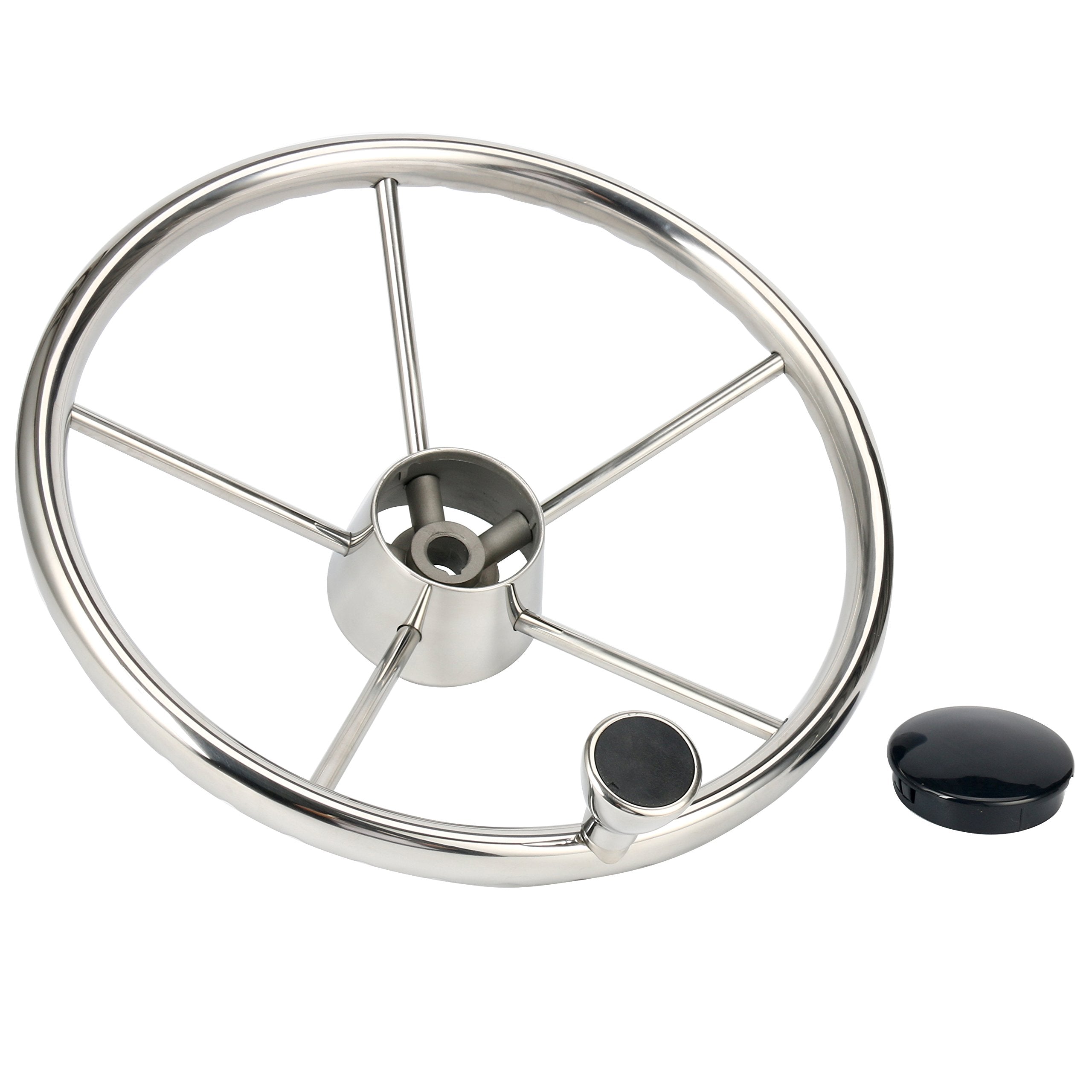 Amarine Made 5-Spoke 13-1/2 Inch Destroyer Style Stainless Boat Steering Wheel With M Size Knob - 9310Srf1