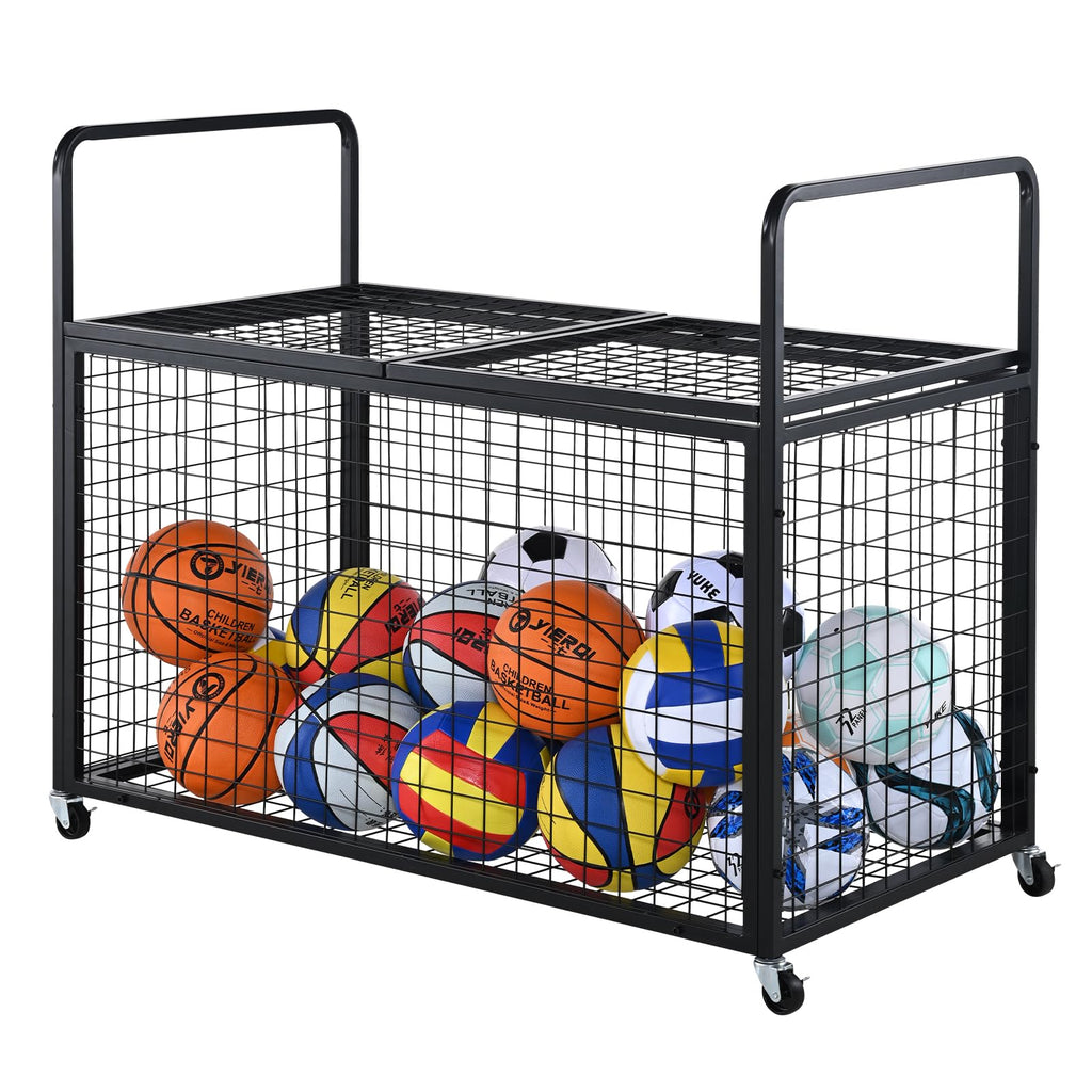 Vevor Rolling Sports Ball Storage Cart, Lockable Basketball Cage With Double Lids, Sport Equipment Holder Organizer For Indoor O