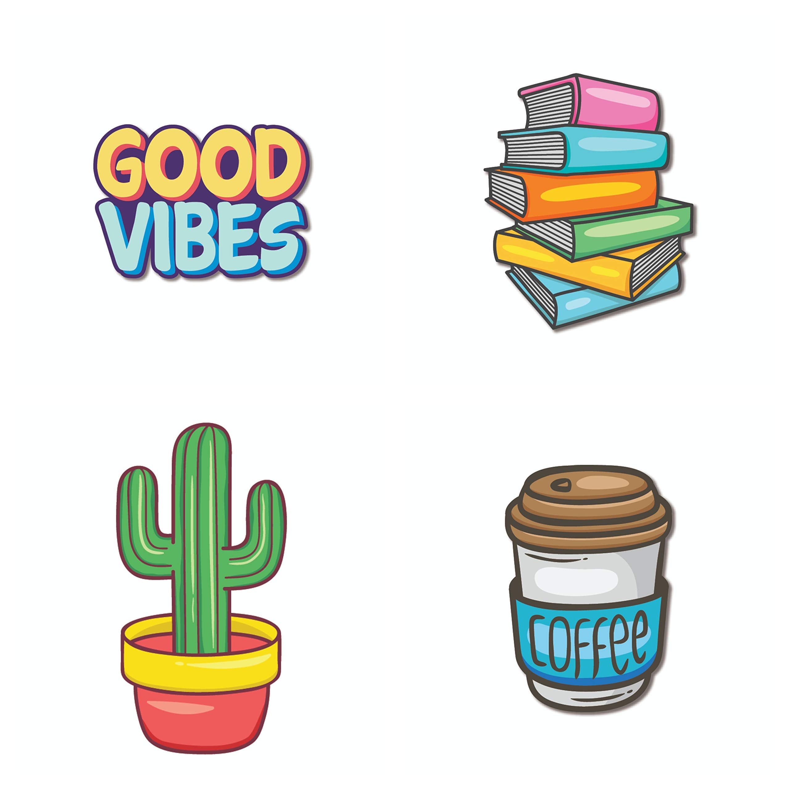 Bhai Please Good Vibes, Books, Cactus and Coffee Can Wooden Fridge Magnet (Pack of 4 pcs, one pc Each Design) Decorations and Gi