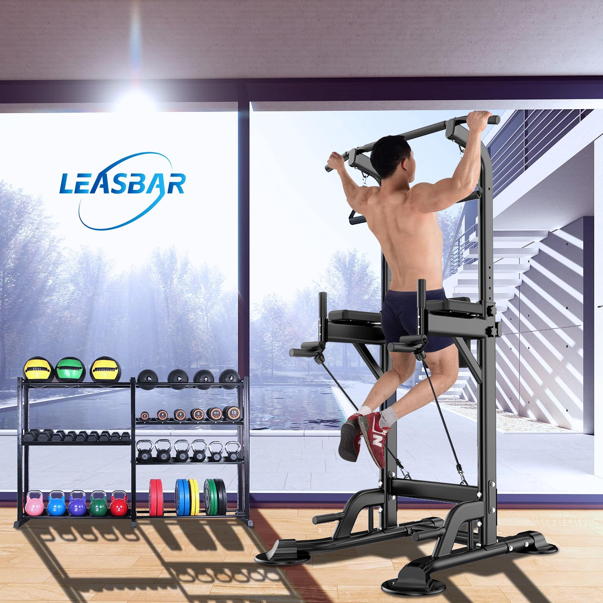 Leasbar Power Tower, Stand Workout Station 330 Lbs Capacity, Adjustable Dip & Pull Up Bar Station, Multi-Function Strength Train