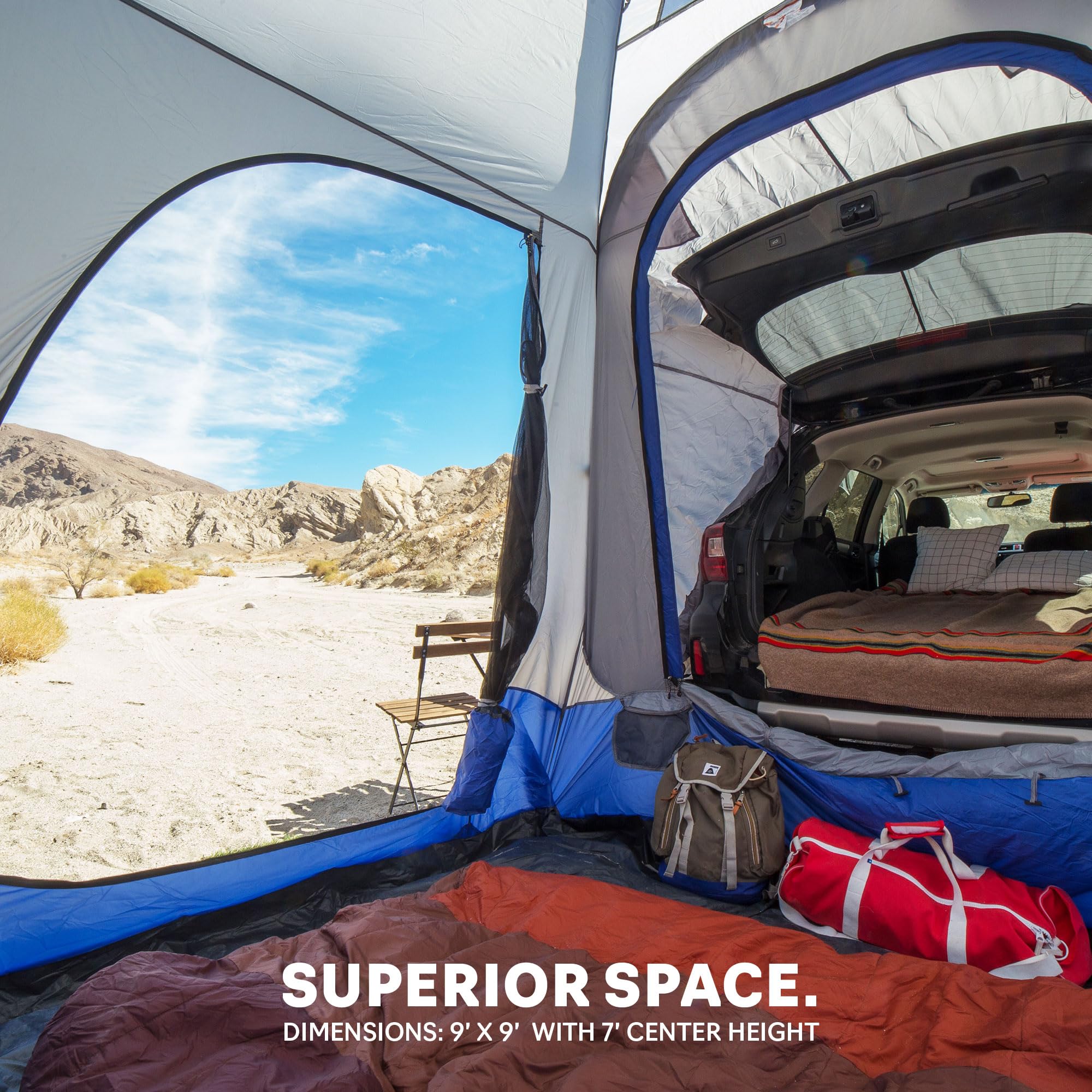 Napier Sportz Suv Tent 9'X9' Waterproof Camping Tent With Universal Vehicle Sleeve And Awning 5 Person Blue/Grey Car Tent