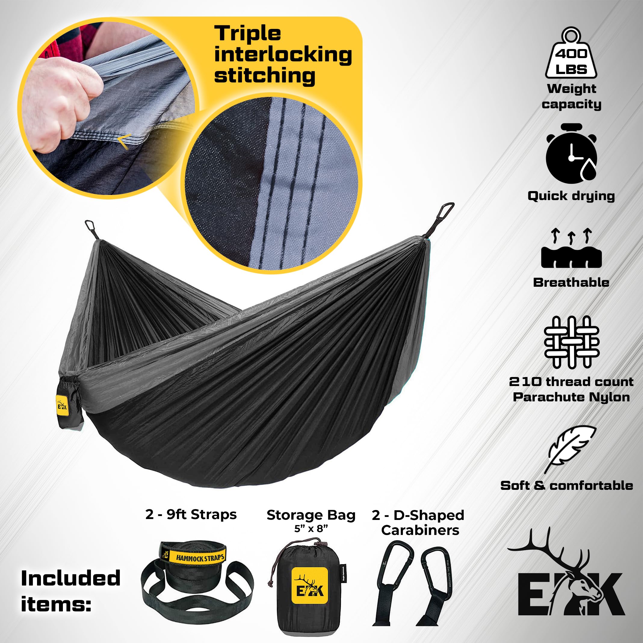 Elk Single Hammock With Tree Straps For Outdoor Camping, Hiking, Backpacking And Travel - Compact, Portable And Lightweight Para