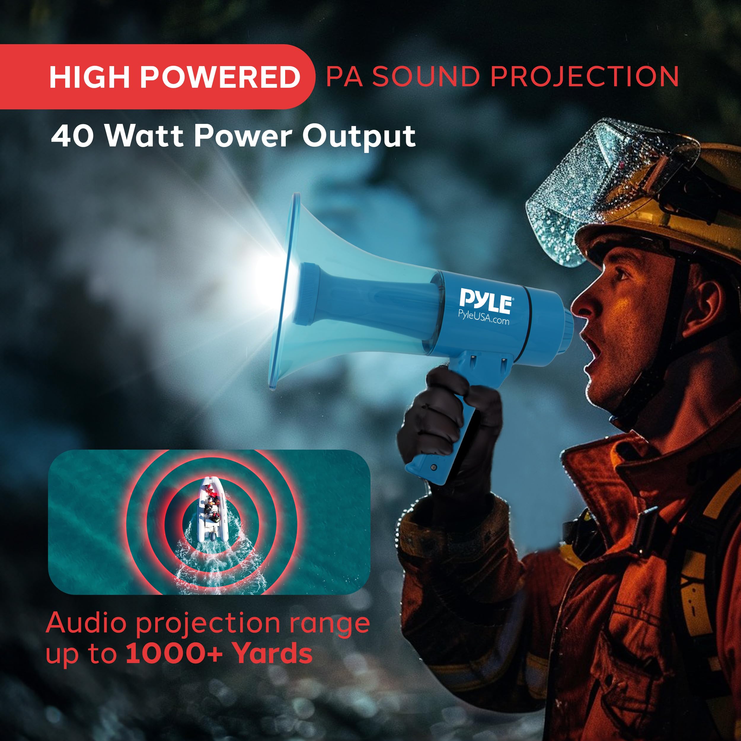Pyle Compact And Portable Mega Phone Speaker - 40W Waterproof Bullhorn With Alarm Siren, Adjustable Volume, Led Flashlight, And