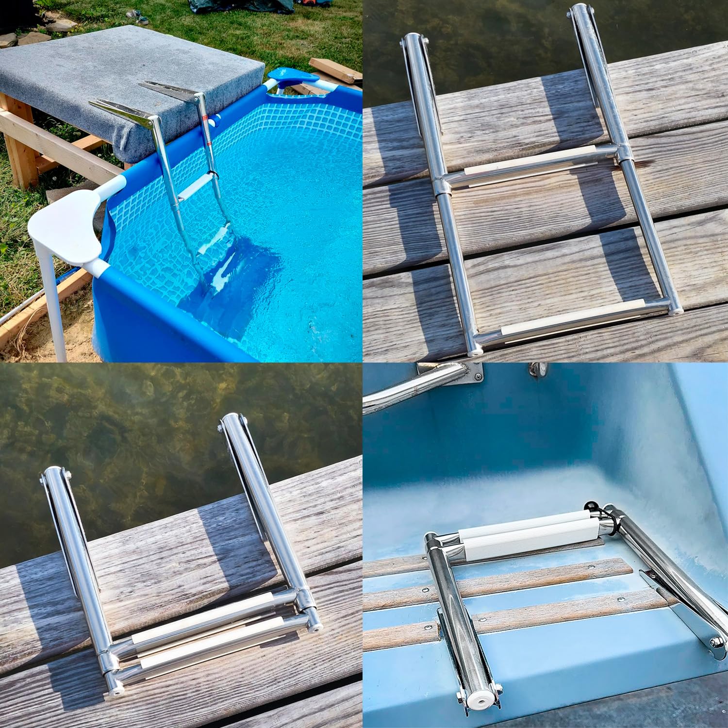 Young Marine 4 Steps Stainless Steel Drop Down Telescopic And Folding Boat Ladder With White Plastic Footboard,Over Platform Mou