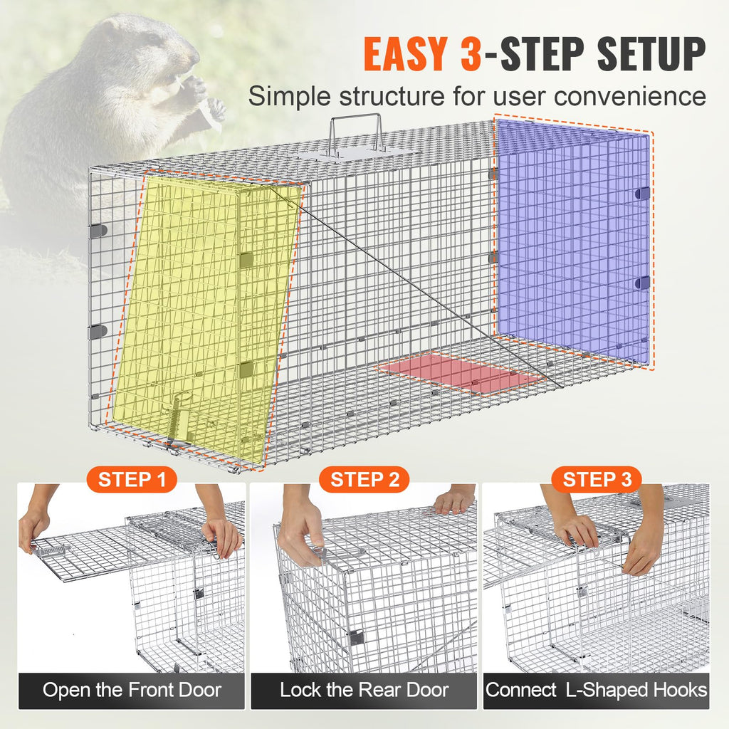 Vevor Live Animal Cage Trap, 50'' X 20'' X 26'' Humane Cat Trap Galvanized Iron, Folding Animal Trap With Handle For Stray Dogs,