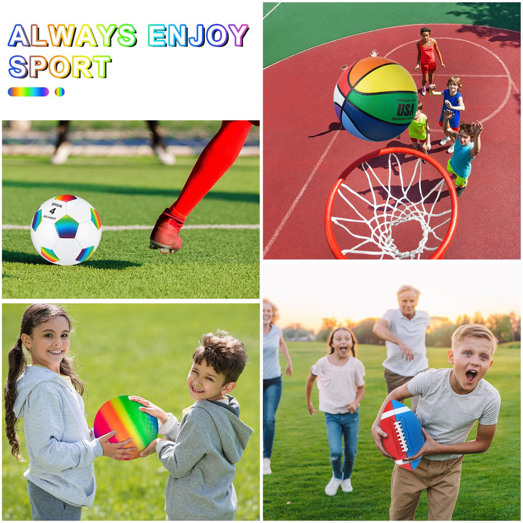 Deekin 4 Pcs Sport Balls Set For Kids Teens, Include Official Size 5 Basketball 4 Soccer 6 Football Playground Ball And Pump Spo
