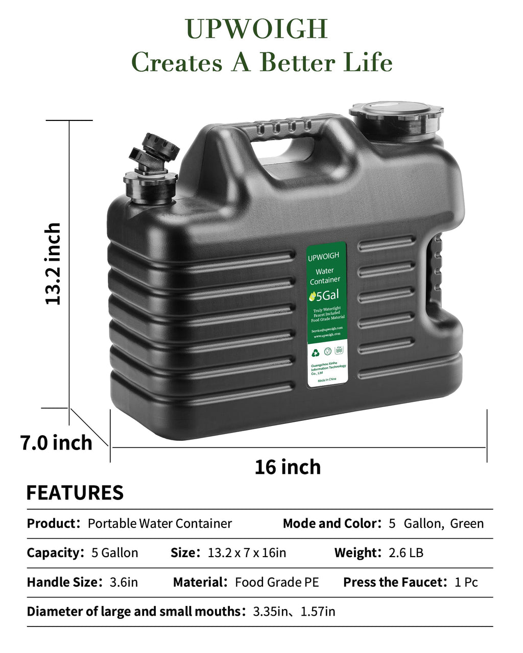 5 Gallon Water Jug, Thickened Water Storage Overlanding Gear Containers, Camping Essential Truly Leak-Proof Black Water Tank,Bpa