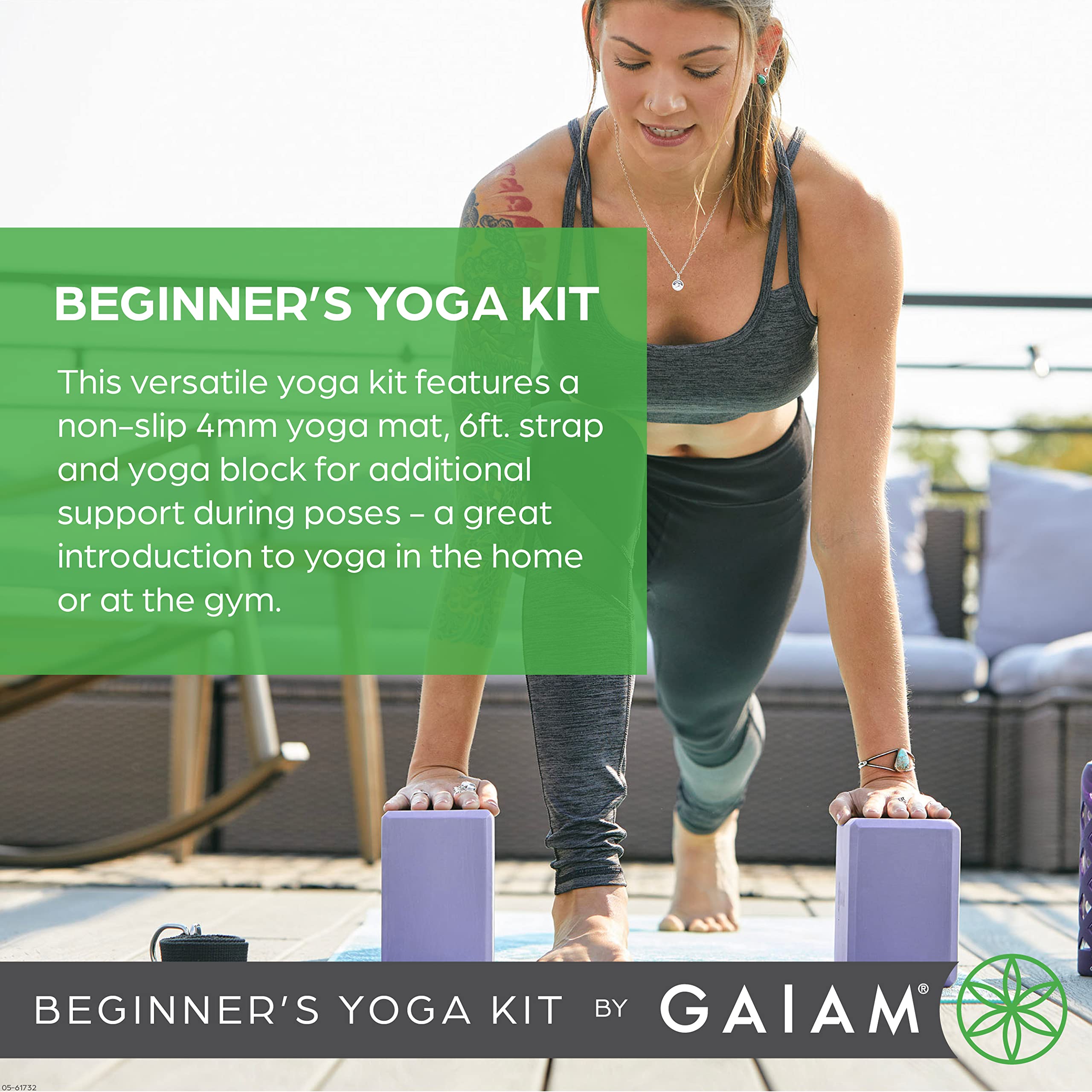 Gaiam Beginner'S Yoga Starter Kit Set (Yoga Mat, Yoga Block, Yoga Strap) - Light 4Mm Thick Printed Non-Slip Exercise Mat For Eve