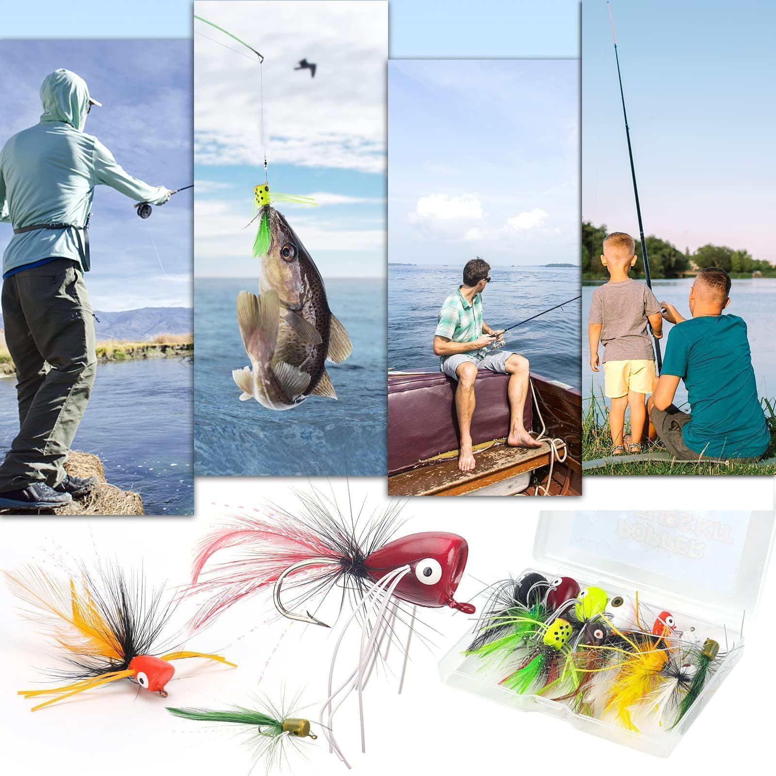 Ansnbo 12 Pcs Fly Fishing Popper Flies, Fly Popper Lures Bass Panfish Bluegill Crappie Popping Bug Sunfish Trout Salmon Poppers