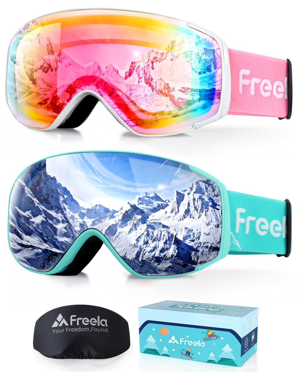 Freela 2 Pack Kids Ski Goggles 4-6 10-12 8-12 6-14, Pink&Green Skiing Snowboarding Snowmobile Winter Snow Glasses, Anti Fog UV P