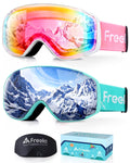 Freela 2 Pack Kids Ski Goggles 4-6 10-12 8-12 6-14, Pink&Green Skiing Snowboarding Snowmobile Winter Snow Glasses, Anti Fog UV P