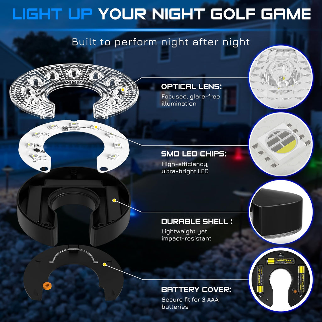 Kingtop Led Golf Hole Lights With Lens, Rgb Light Up Night Golf, Putting Green Cup Lights, Glowing In The Dark Lights For Golf H