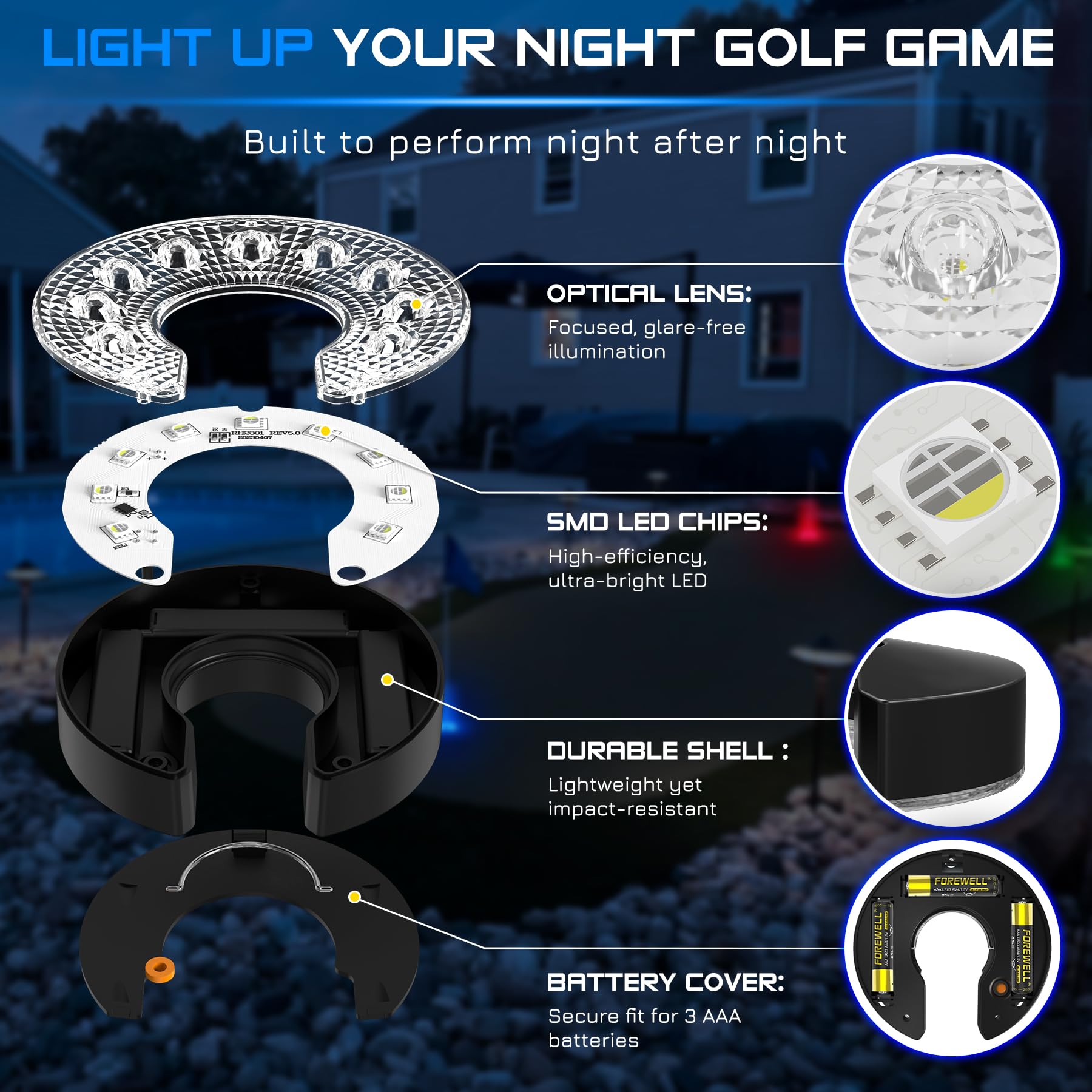 Kingtop Led Golf Hole Lights With Lens, Rgb Light Up Night Golf, Putting Green Cup Lights, Glowing In The Dark Lights For Golf H