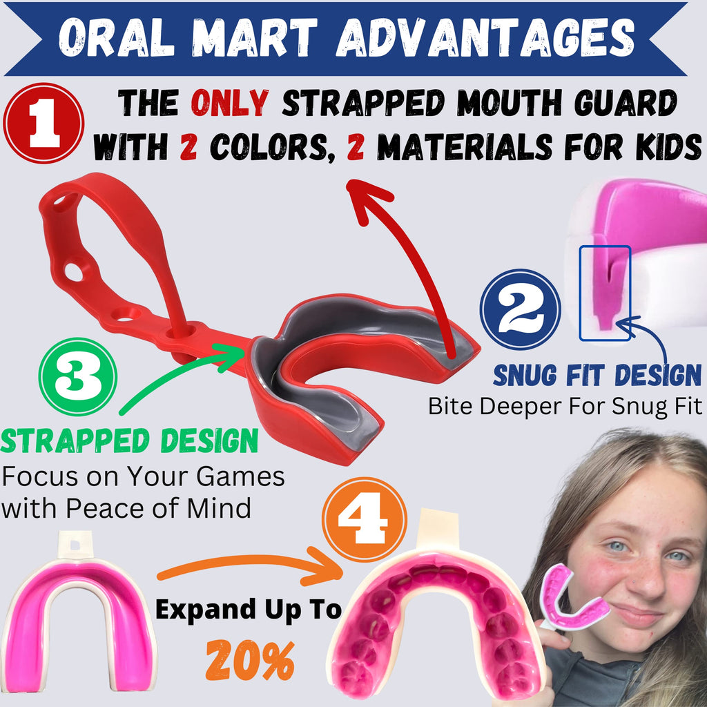 Oral Mart Red/Gray Strapped Youth Mouth Guard For Kids - Sports Mouthguard With Strap For Football, Ice Hockey, Lacrosse, Taekwo