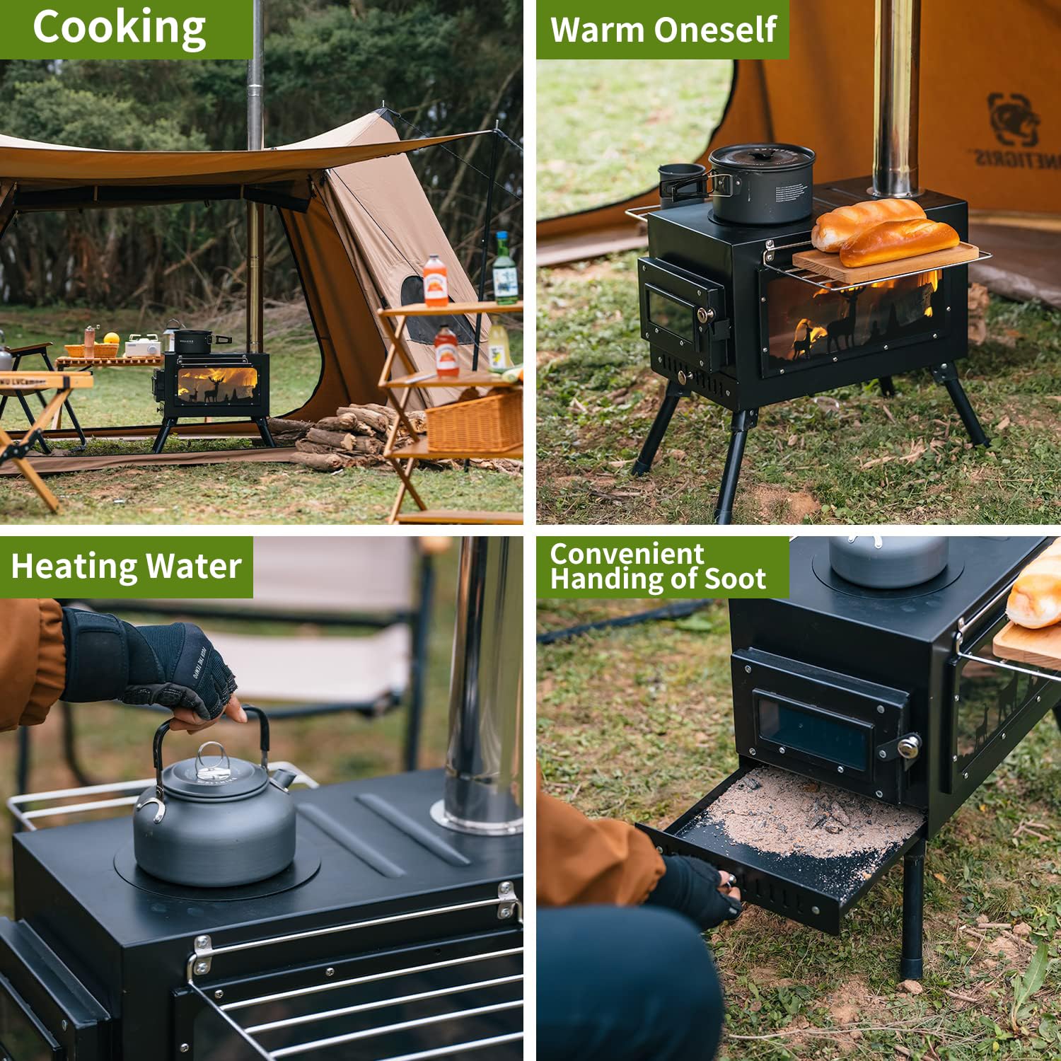 Womeyork Outdoor Camping Stove, Portable Wood Burning Stove With Chimney Pipe For Tent, Shelter, Heating And Cooking (Black-Larg