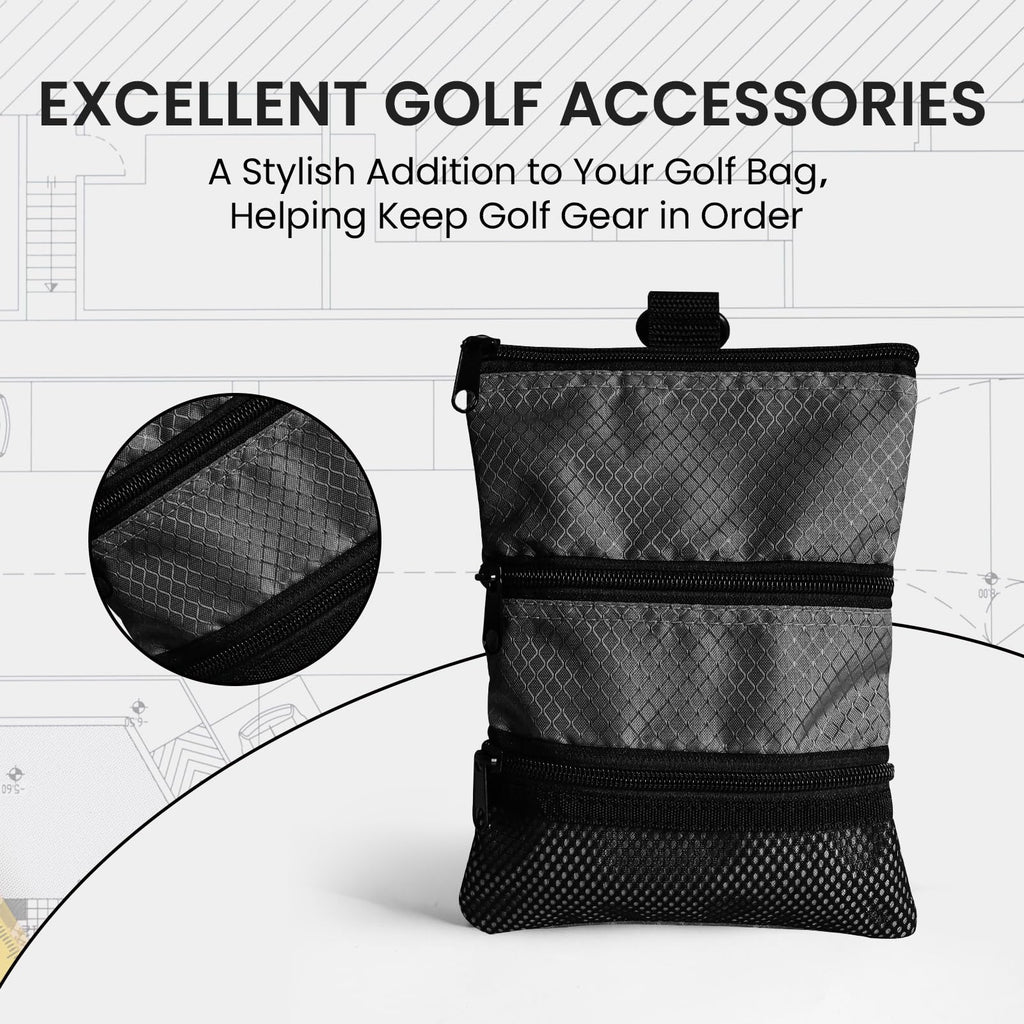 Finger Ten Golf Pouch Bag For Valuables Tee Color With 4 Golf Pencil Pack, Zippered Pocket Gear Clip Hook To Bag (Black Pouch Ba