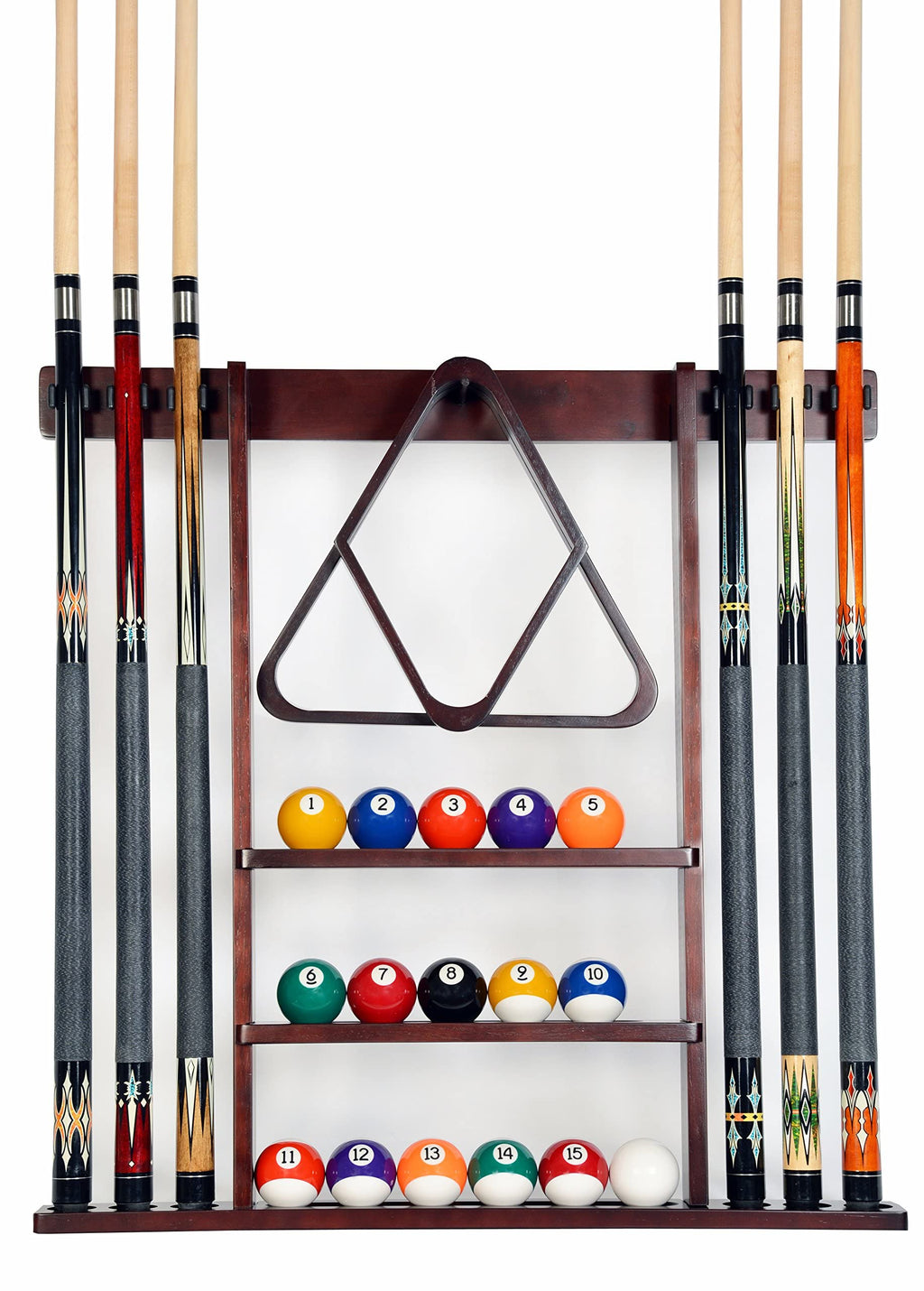 Iszy Billiards Pool Cue Rack - Billiard Pool Stick And Ball Holder Only - 100% Wood Wall Mount Holds 6 Cues And 16 Balls - Pool 