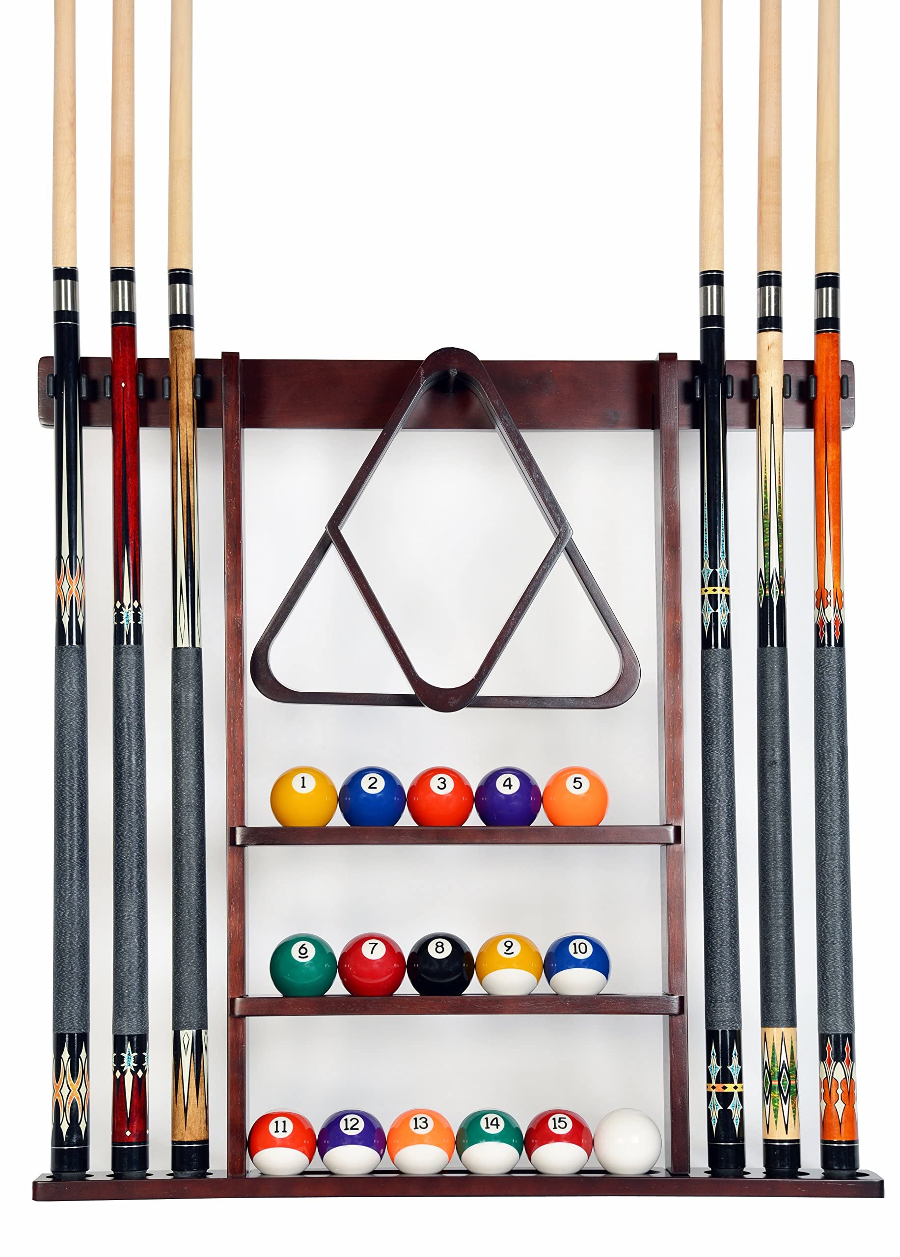 Iszy Billiards Pool Cue Rack - Billiard Pool Stick And Ball Holder Only - 100% Wood Wall Mount Holds 6 Cues And 16 Balls - Pool 