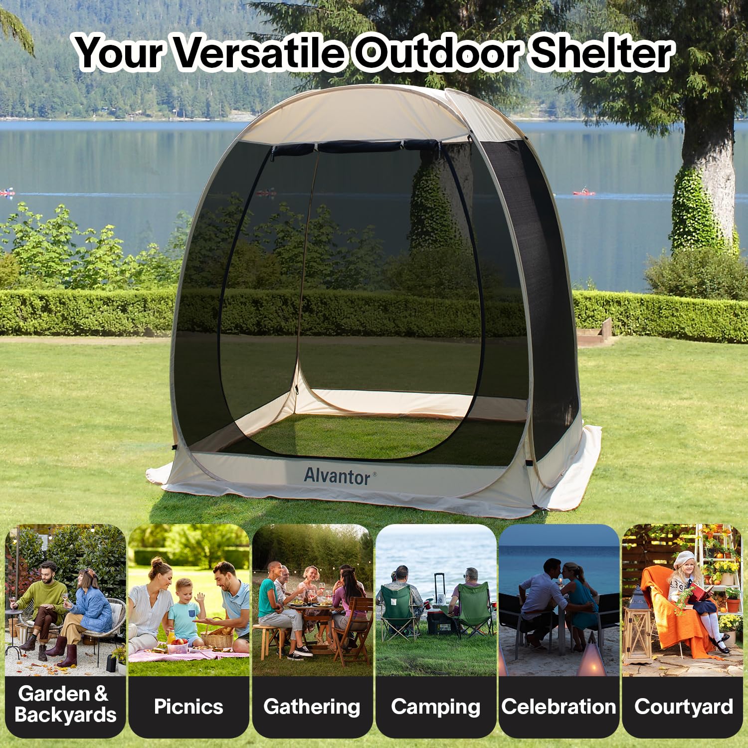 Alvantor Pop Up House Tent, Outdoor Canopy Tent With Uv Resistant, Easy Up Foldable Screen House For Camping Garden, Beige, 6 X6