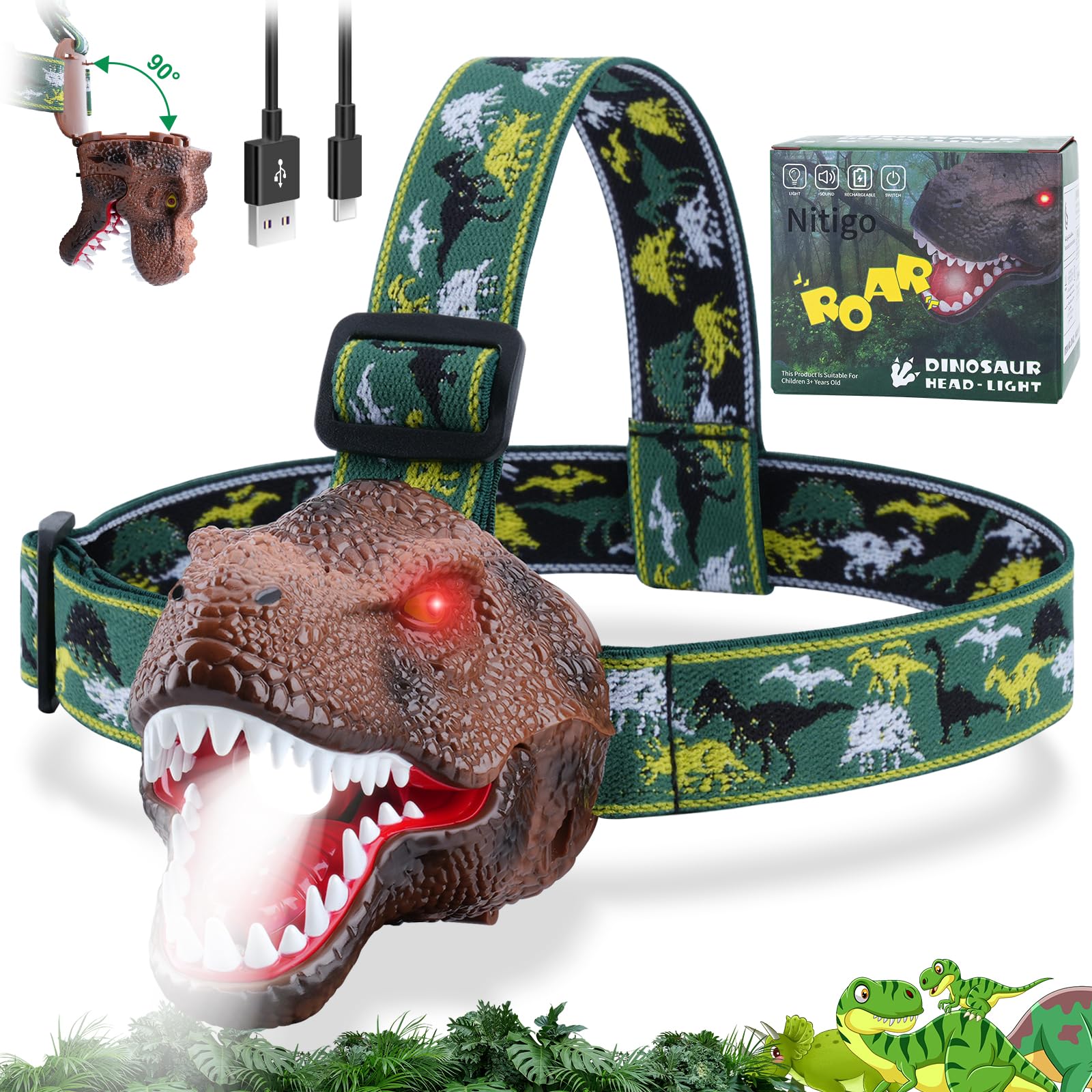 Nitigo Dinosaur Headlamp for Kids Flashlight Rechargeable Led Headlights Roar & Silent Mode, T-Rex Dinosaur Toys, Camping Gear, 