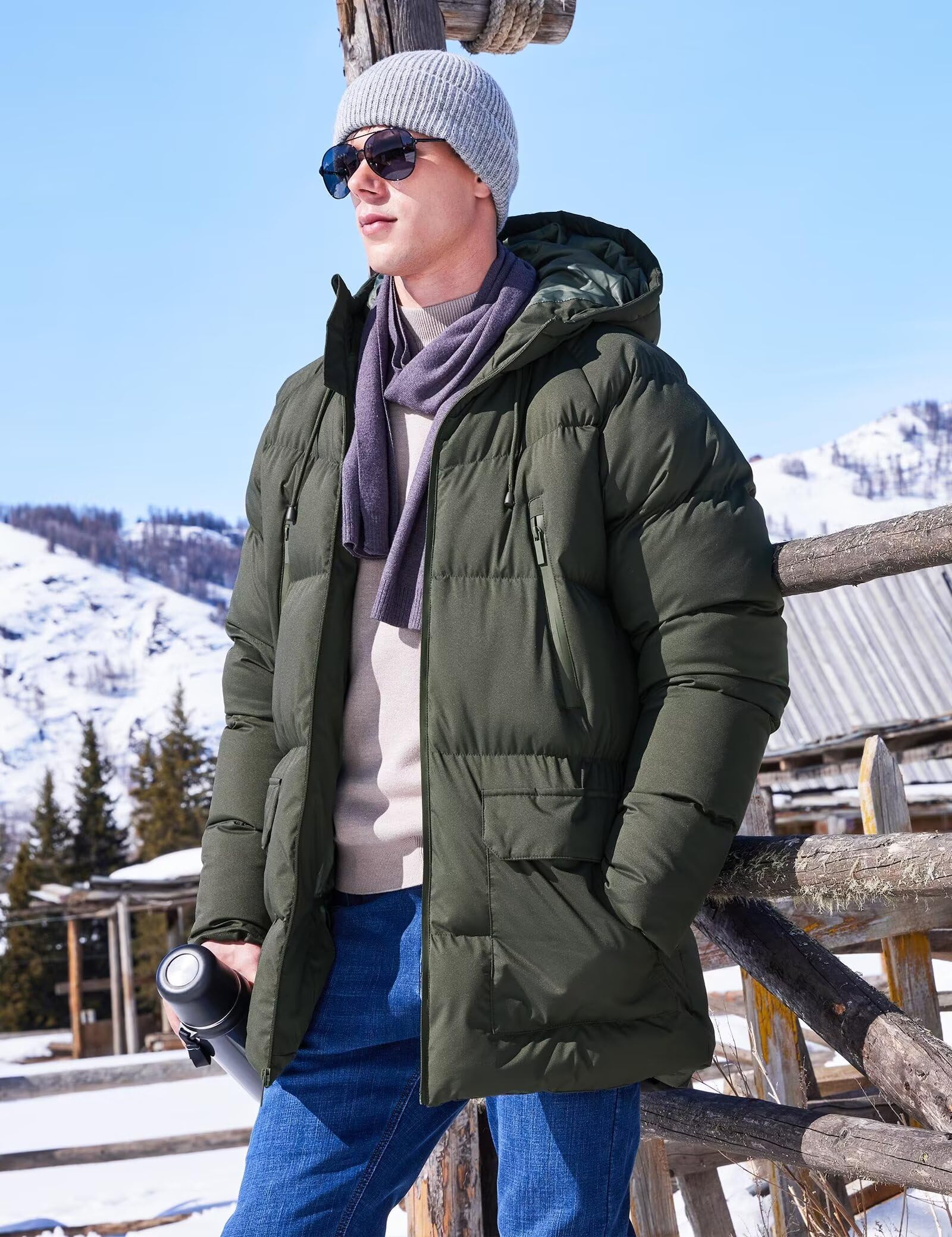 Rejork Men s Long Winter Coat Hooded Warm Quilted Jacket Water-resistant Cold Weather Parka Army Green S