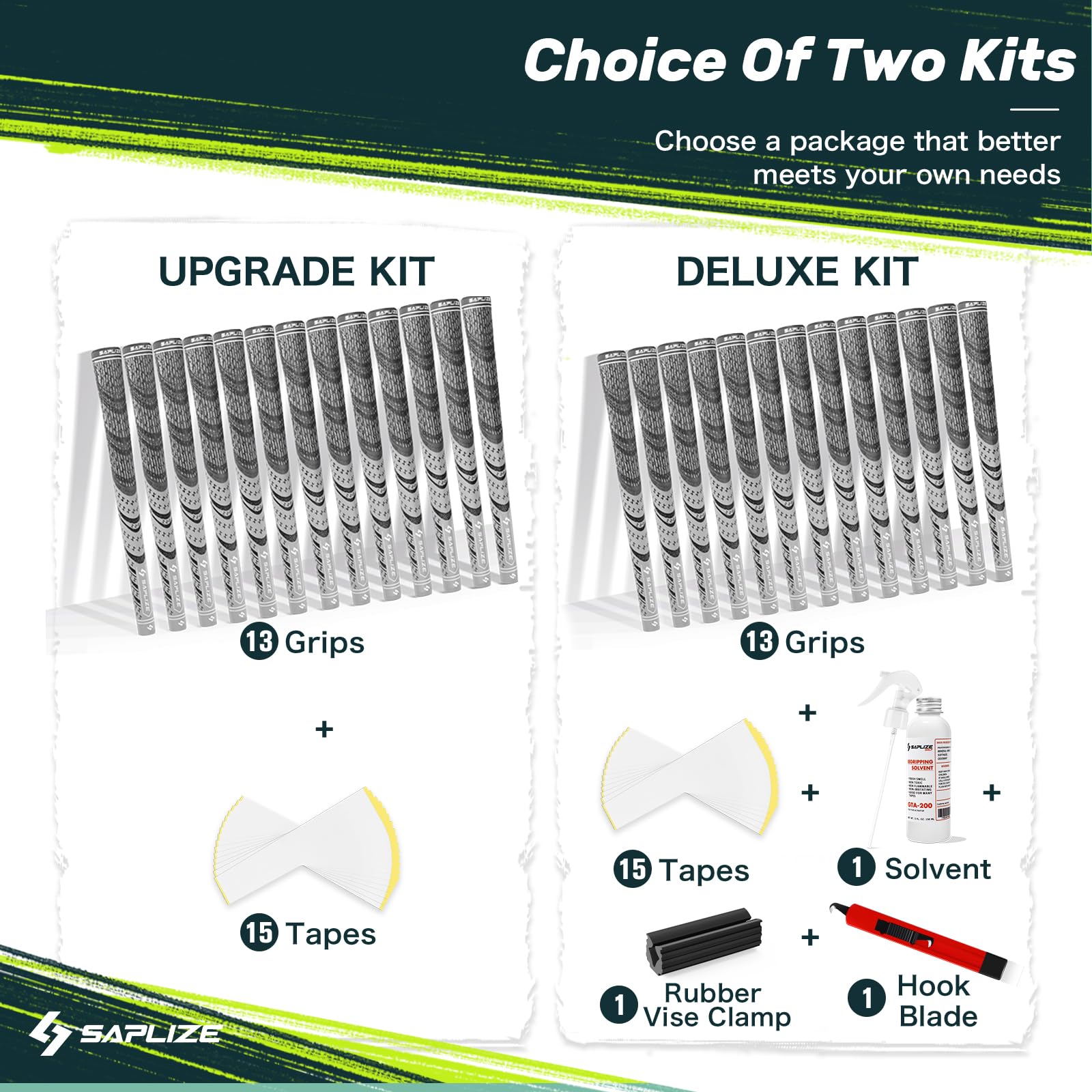 Saplize Golf Grips Upgrade Kit(13 Grips With 15 Tapes), Multicompound Hybrid Golf Club Grips, Standard Size, Grey Cl03 Series