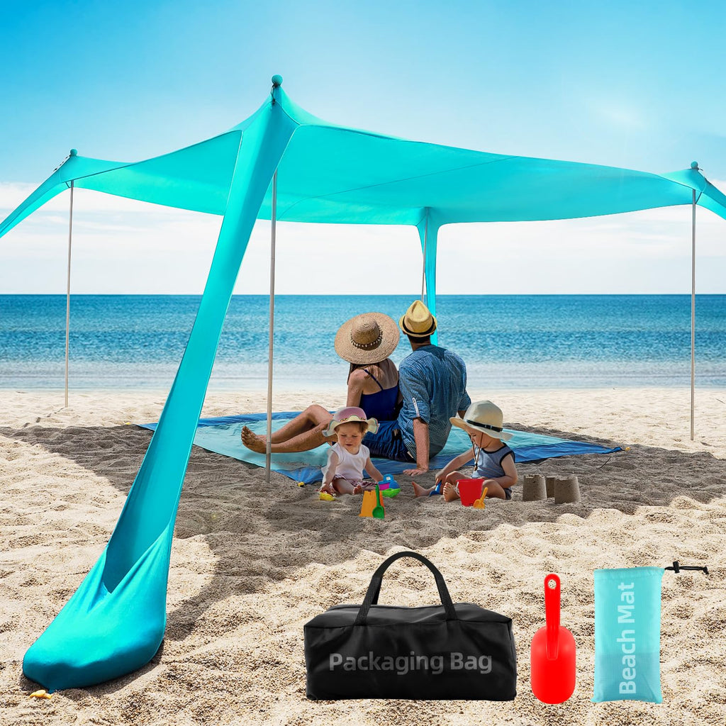 Beach Tent Sun Shelter Upf50+, 10X10 Ft Family Beach Shade Canopy With 4 Aluminum Poles, Beach Blanket, Carrying Bag And Sand Sh