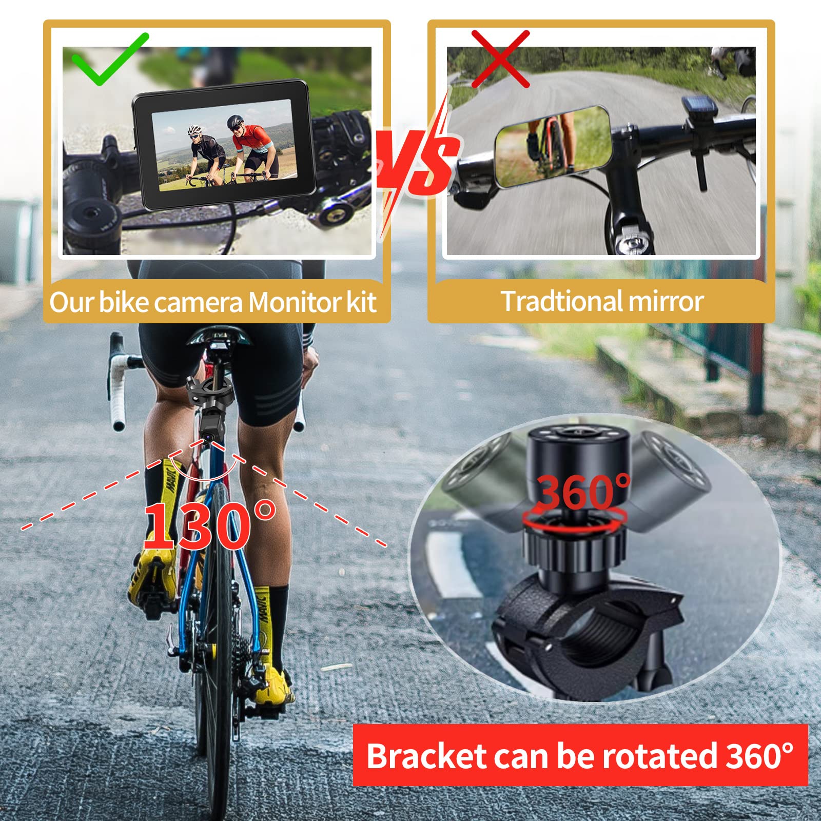 Bike Camera Rechargeable Battery 360 Rotation - 3 Mins Easy Install Handlebar Bicycle Camera With Rear View Monitor Color Night
