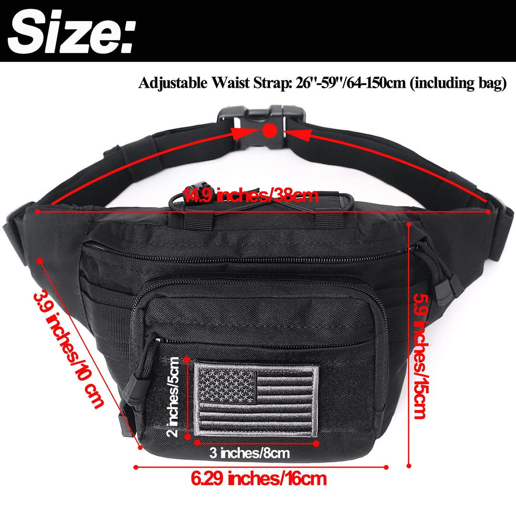 Tactical Fanny Pack, Military Waist Bag Hip Belt Bumbag Utility Bags For Outdoor Hiking Climbing Fishing With U.S Patch (Black)