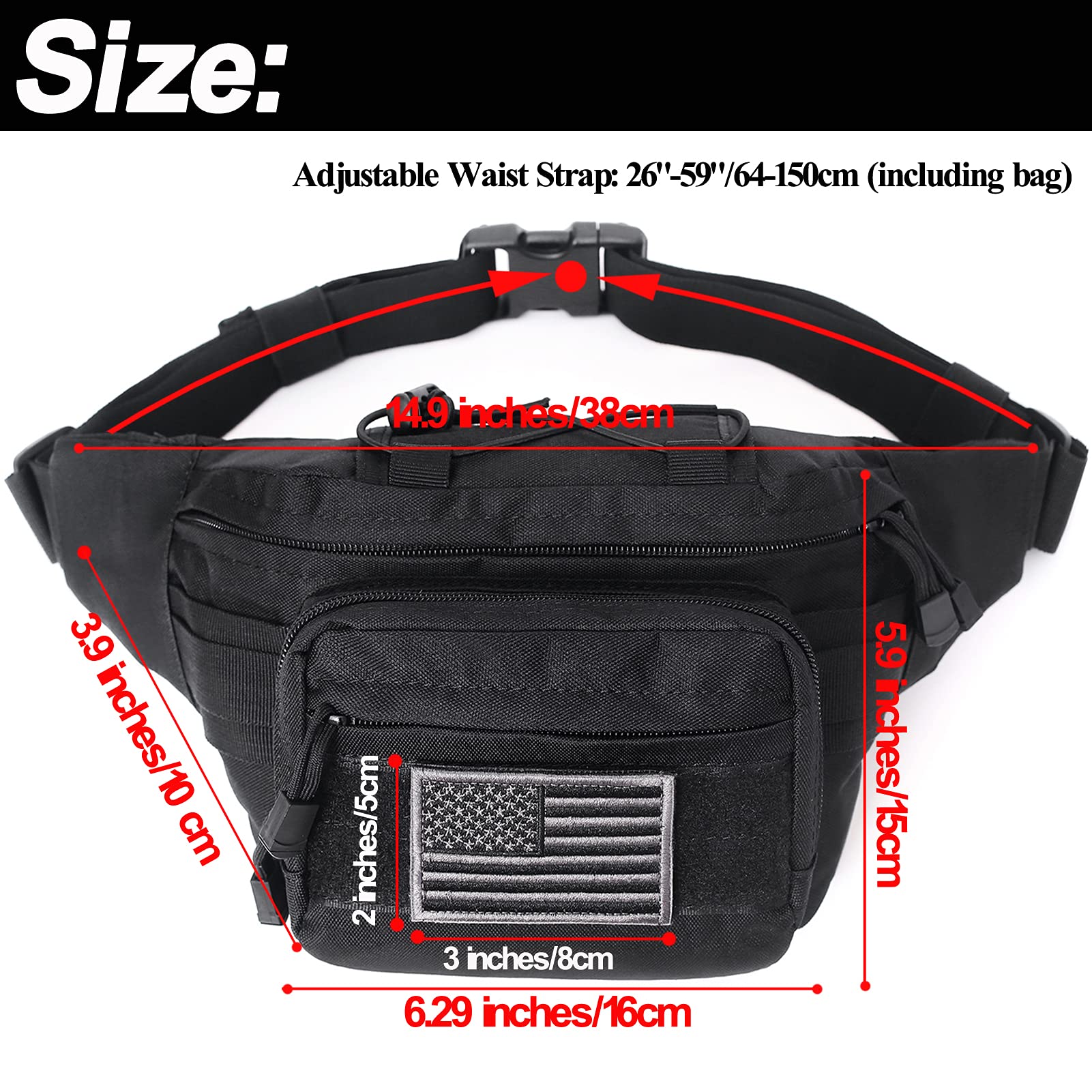 Tactical Fanny Pack, Military Waist Bag Hip Belt Bumbag Utility Bags For Outdoor Hiking Climbing Fishing With U.S Patch (Black)