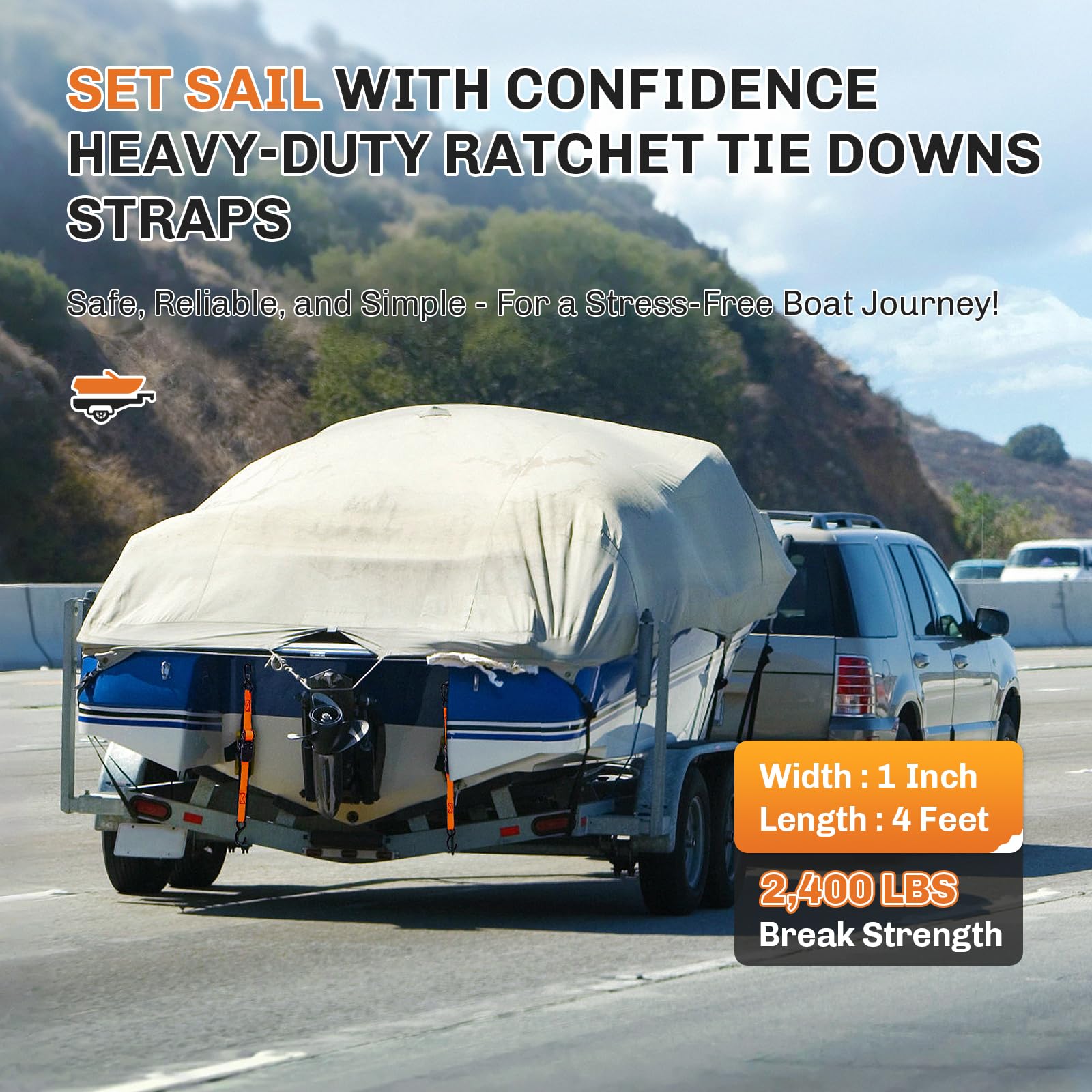Welluck Boat Trailer Transom Tie Down Straps 2400 Lbs, 1 Inch X 4 Ft Heavy Duty Retractable Ratchet Straps Tie Downs To Trailer