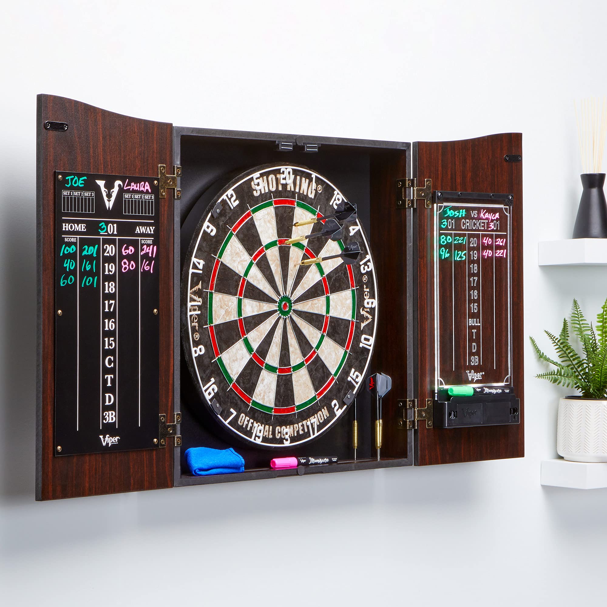 Viper By Gld Products Vault Deluxe Dartboard Cabinet With Shot King Sisal Dartboard And Illumiscore Scoreboard, Wood