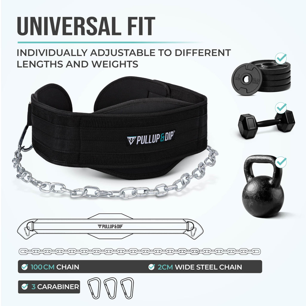 Pullup & Dip Belt With Chain And 3X Carabiner, Dip Belt Incl Neoprene Flaps As Clothing Protection, Weightlifting Belt, Weighted