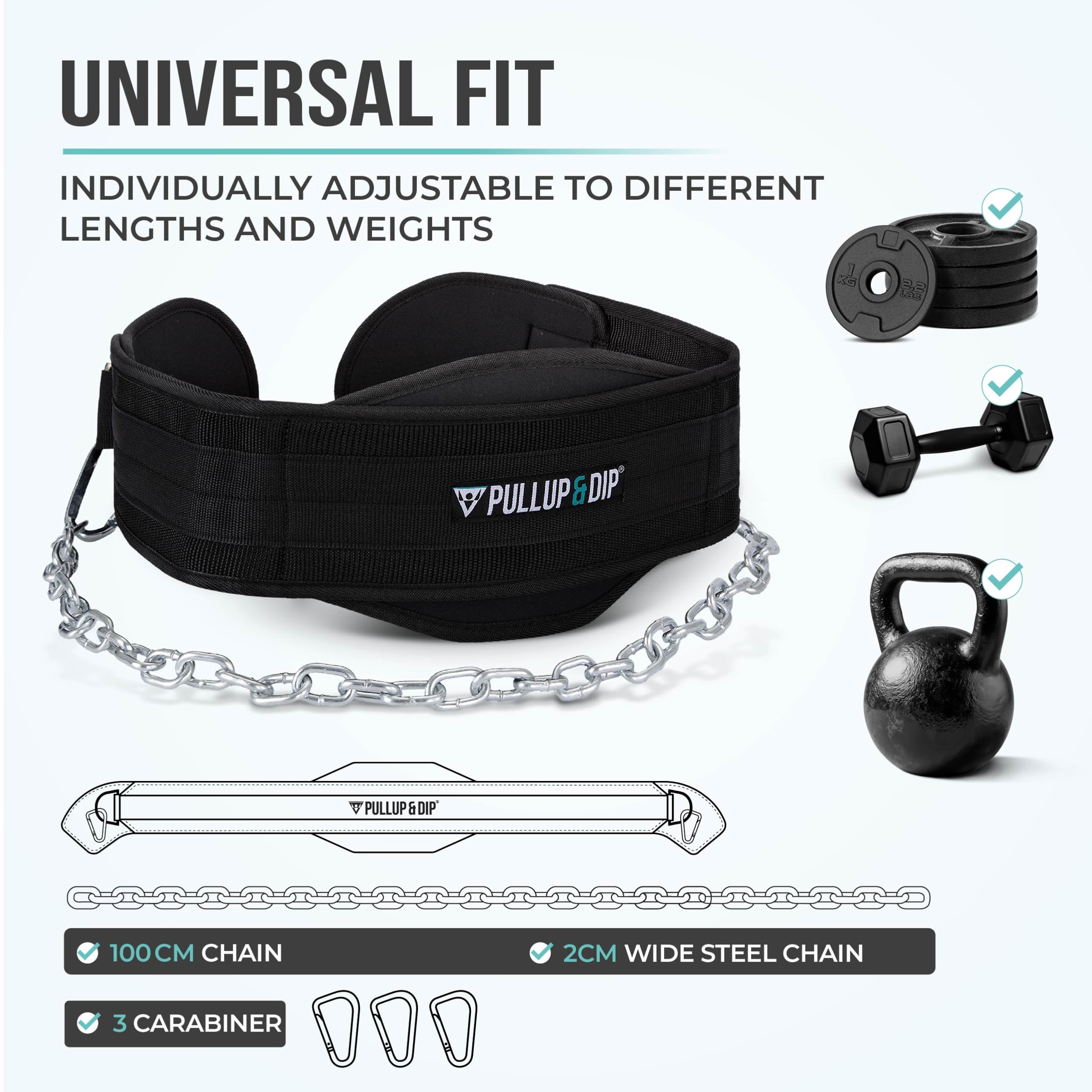 Pullup & Dip Belt With Chain And 3X Carabiner, Dip Belt Incl Neoprene Flaps As Clothing Protection, Weightlifting Belt, Weighted