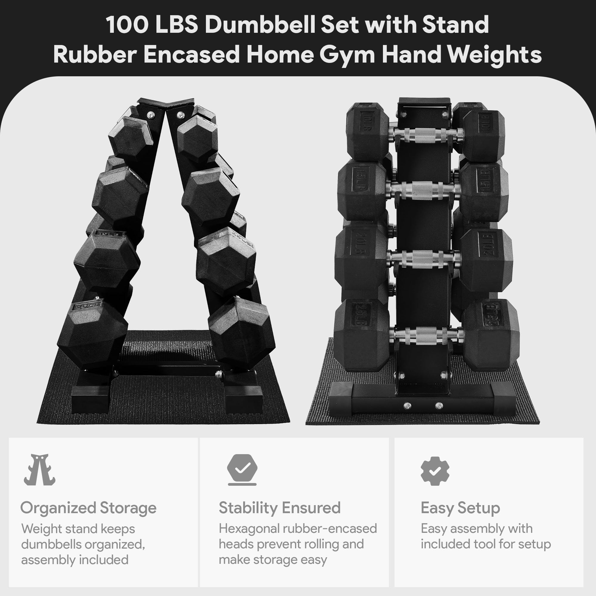 BalanceFrom Rubber Coated Hex Dumbbell Set with A-Frame Rack, Black - Solid Cast Iron Home Gym Weights with Chrome Handles for F