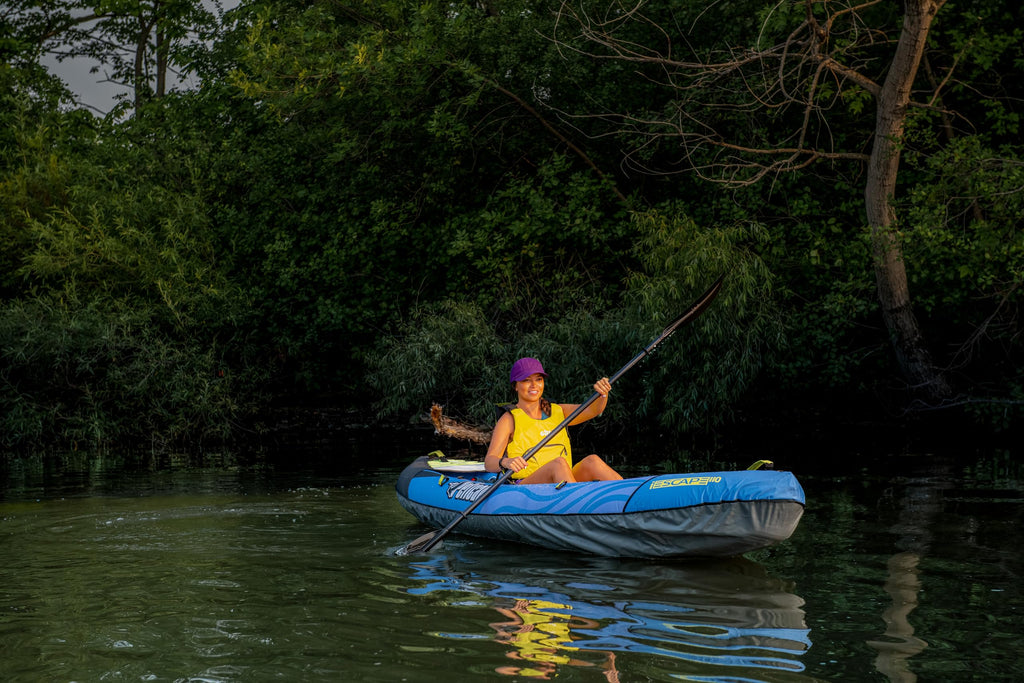 Pelican iESCAPE 110 Inflatable Convertible Kayak - Recreational Single or Tandem Kayak - Compact, Stable and Fun All in One - Tr