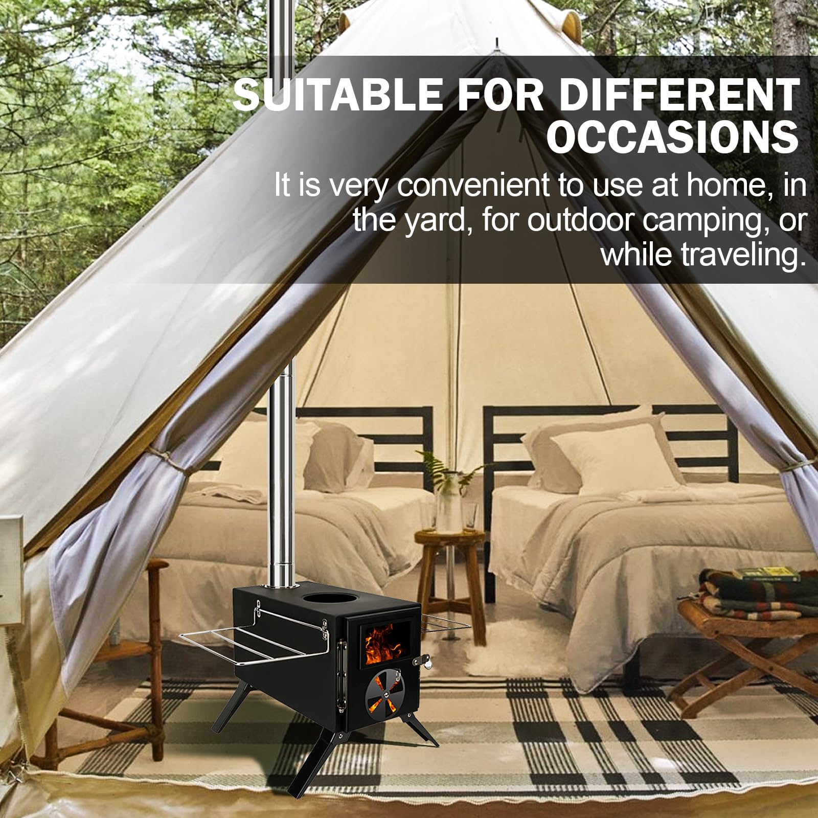 Womeyork Outdoor Camping Stove, Portable Wood Burning Stove With Chimney Pipe For Tent, Shelter, Heating And Cooking (Black-S)