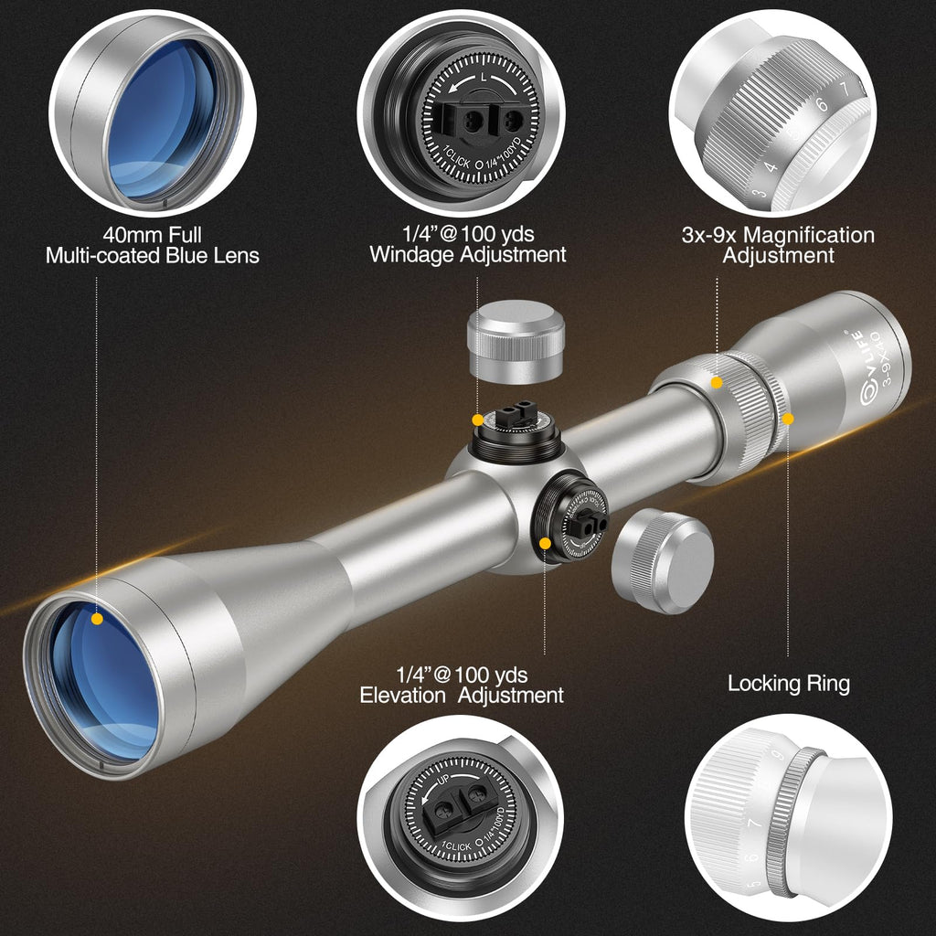 CVLIFE 3-9x40 Optics R4 Reticle Optics Crosshair Scope with 20mm Scope Mounts, Silver