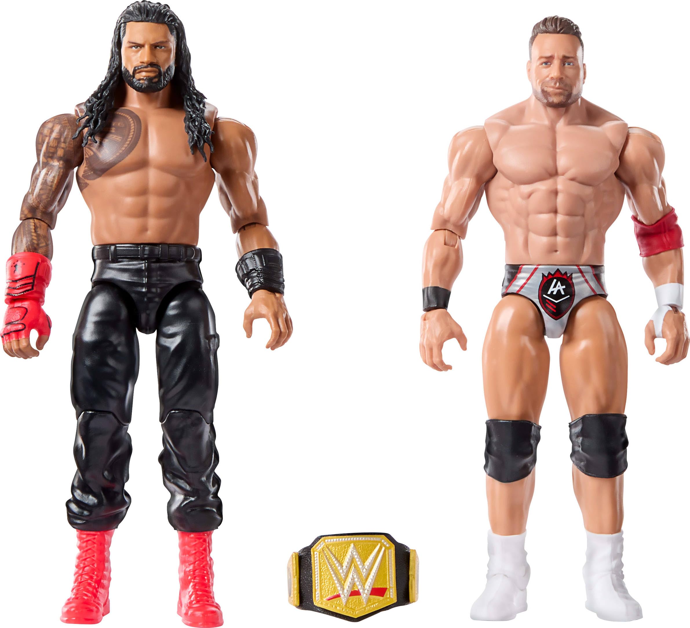 Mattel WWE Main Event Showdown Action Figures 2-Pack with Accessory, Series #21 Roman Reigns vs LA Knight Collectible Set, 6-inc