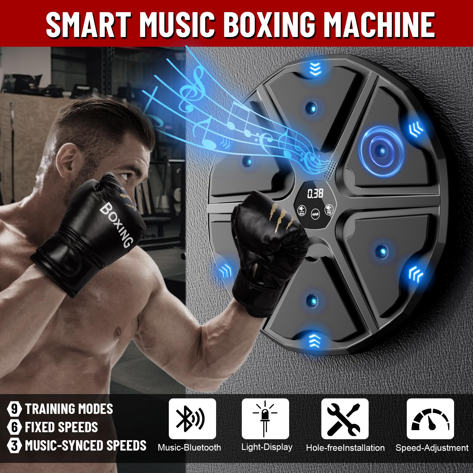 Music Boxing Machine, Wall Mounted Boxing Machine For Adults Kids, Bluetooth Smart Boxing Trainer With Boxing Gloves, Electronic